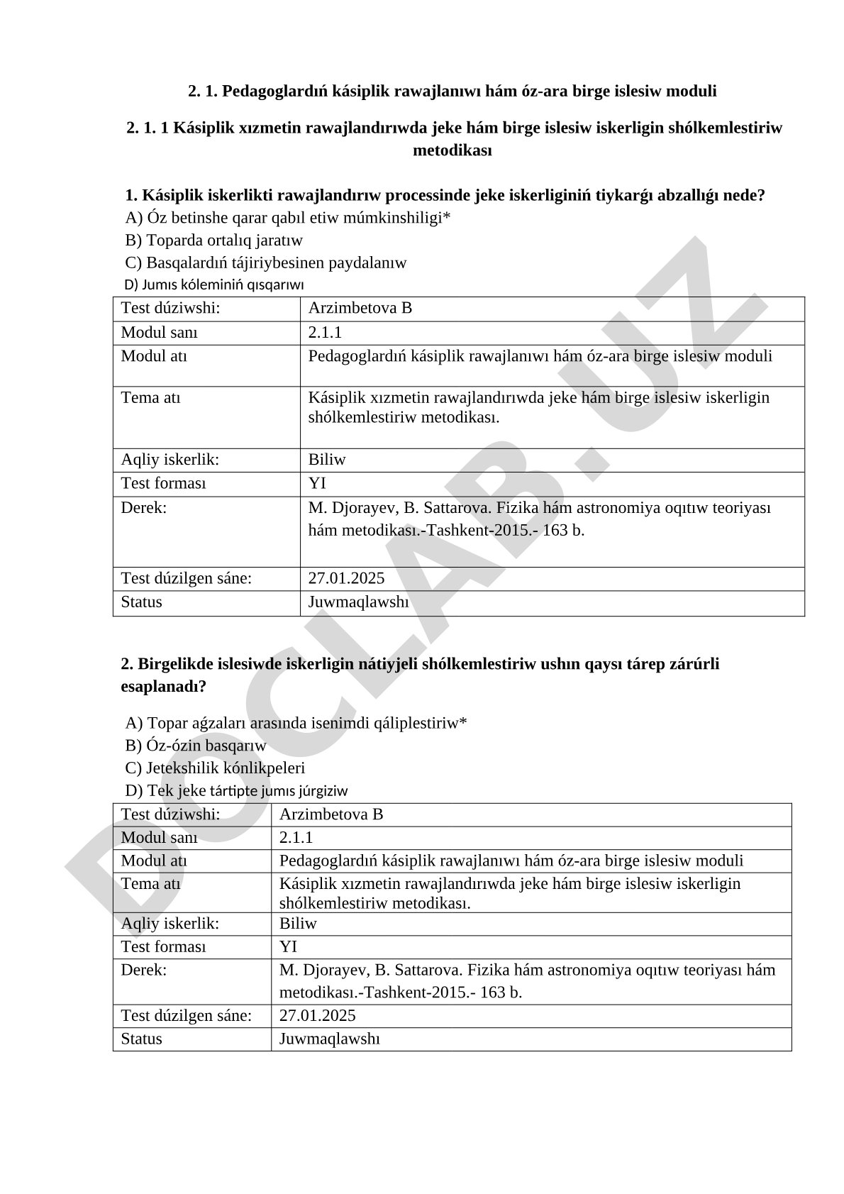 Kásiplik xızmetin rawajlandırıwda jeke hám birge islesiw iskerligin shólkemlestiriw metodikası