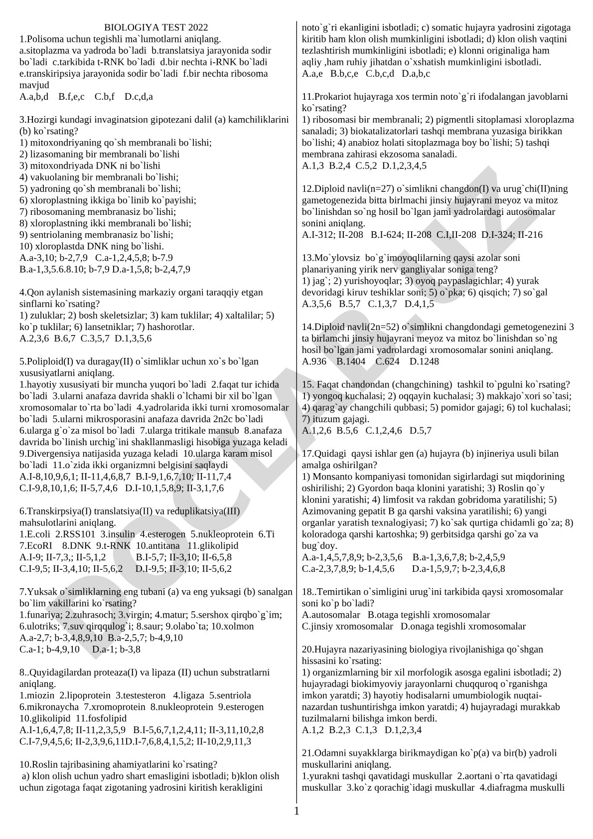 Biologiya fanidan 2022-yil test savollari