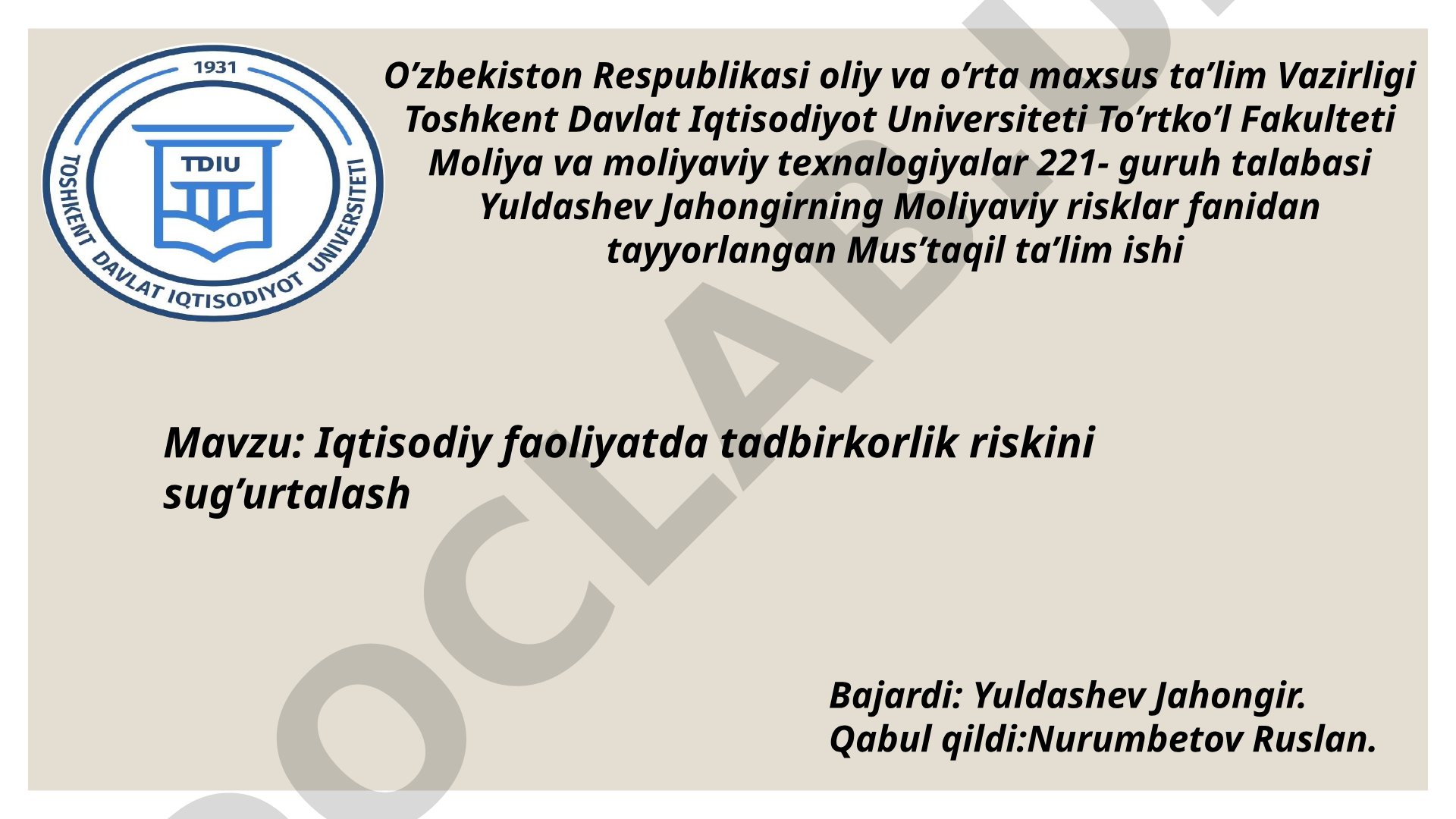 Iqtisodiy faoliyatda tadbirkorlik riskini sug'urtalash