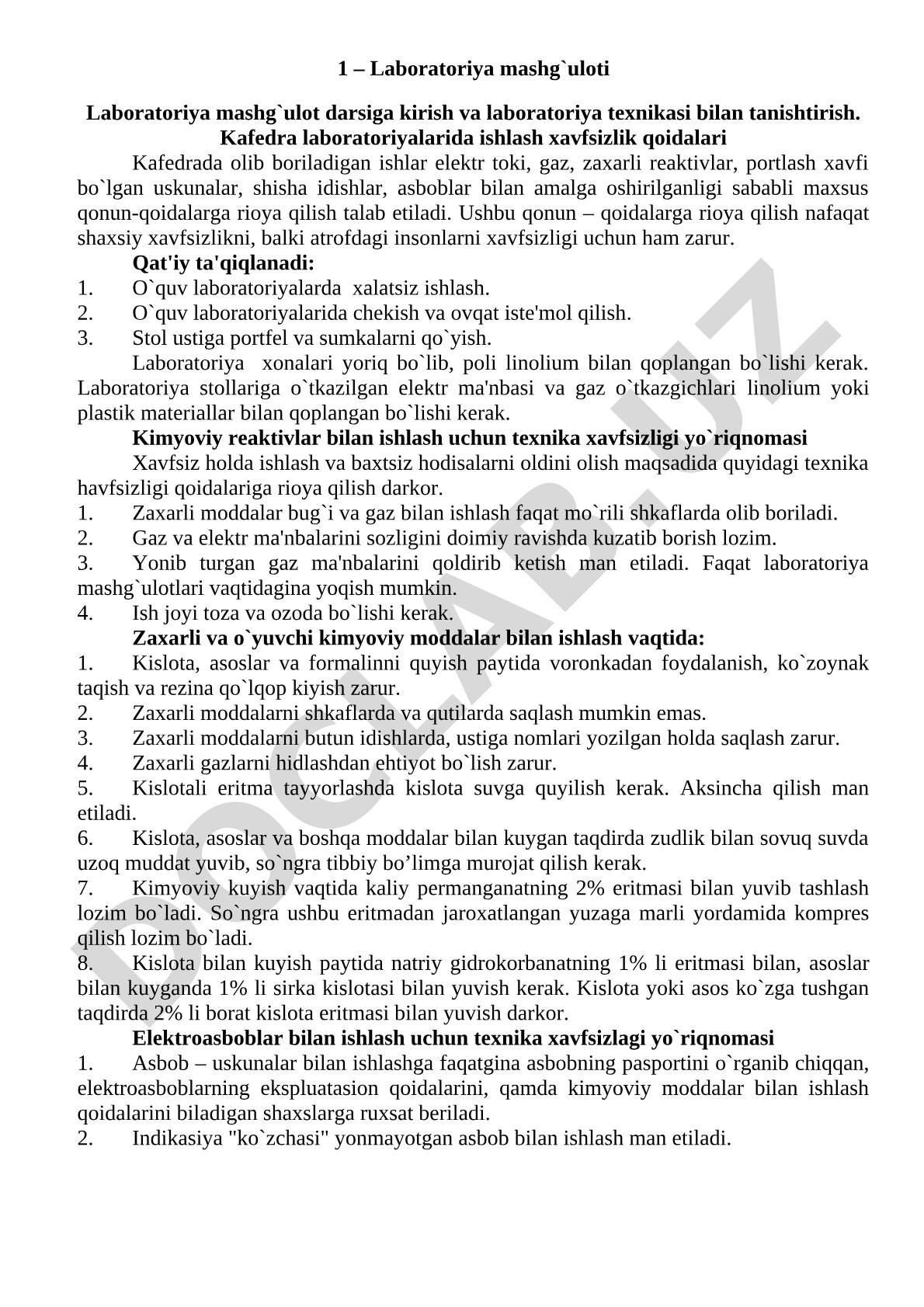 Kafedra laboratoriyalarida ishlash xavfsizlik qoidalari
