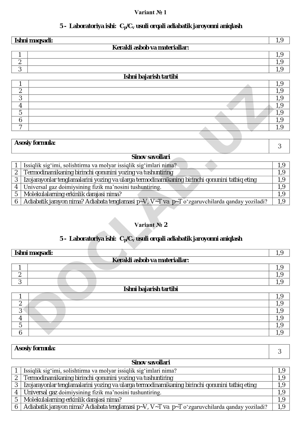 Cp/Cv usuli orqali adiabatik jaroyonni aniqlash