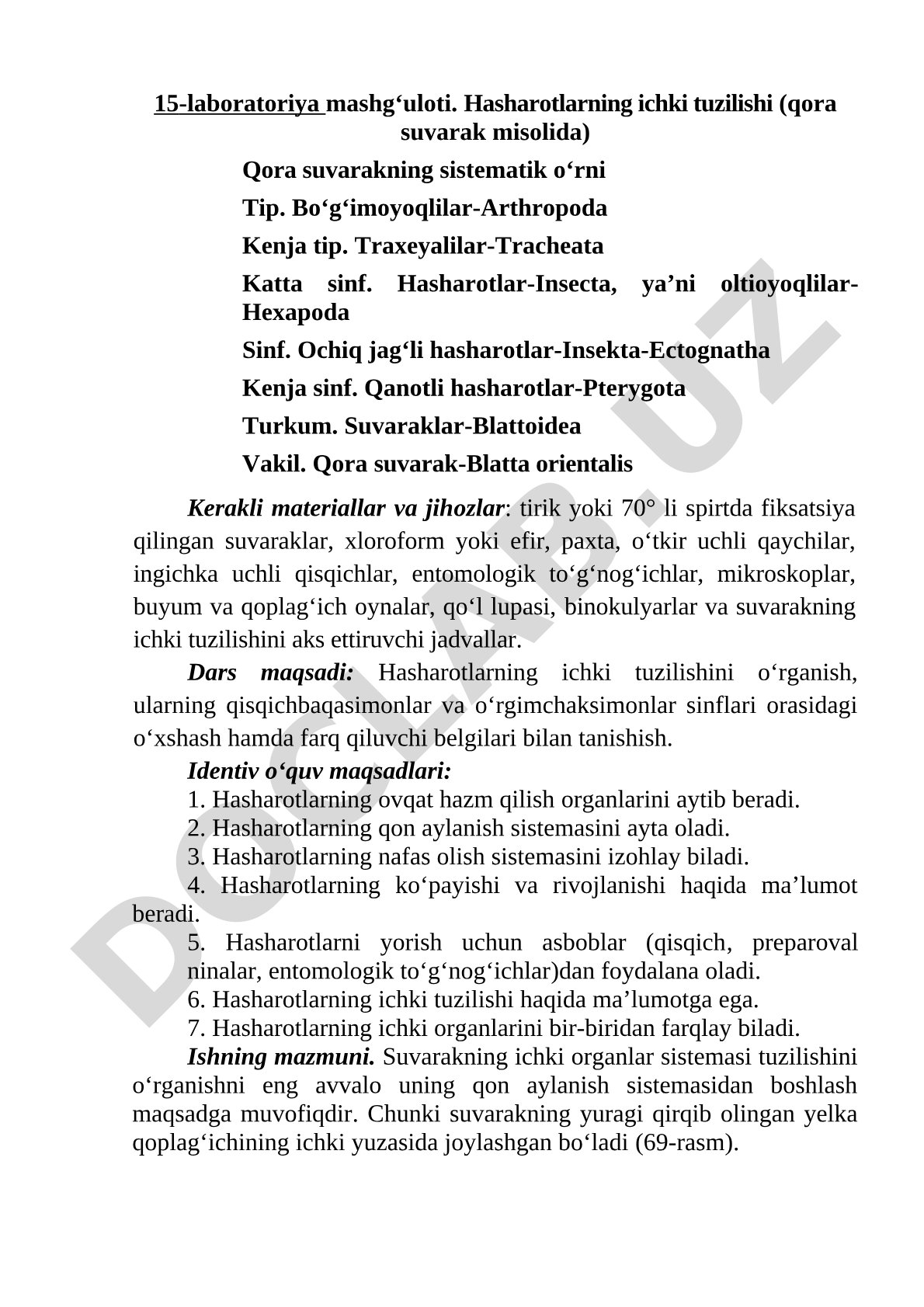 Hasharotlarning ichki tuzilishi (qora suvarak misolida)