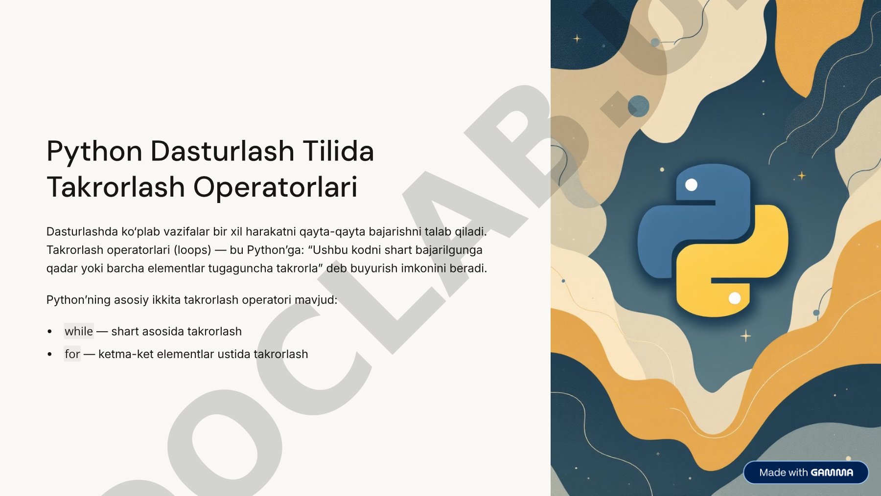 Python Dasturlash Tilida Takrorlash Operatorlari