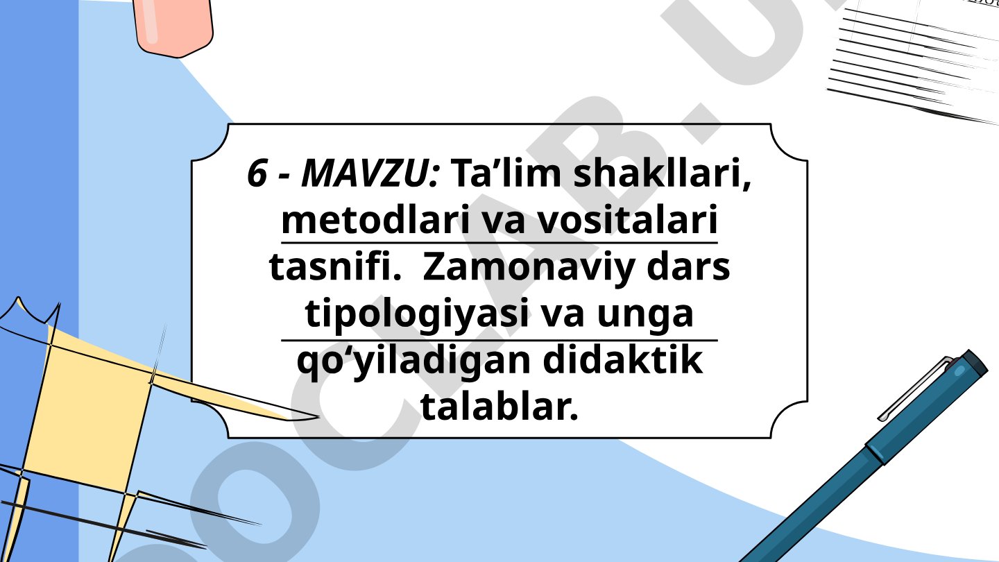Ta’lim shakllari, metodlari va vositalari tasnifi. Zamonaviy dars tipologiyasi va unga qo‘yiladigan didaktik talablar