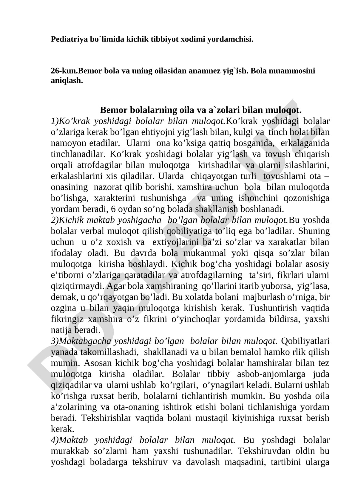 Bemor bola va uning oilasi bilan muloqot hamda anamnez yig'ish
