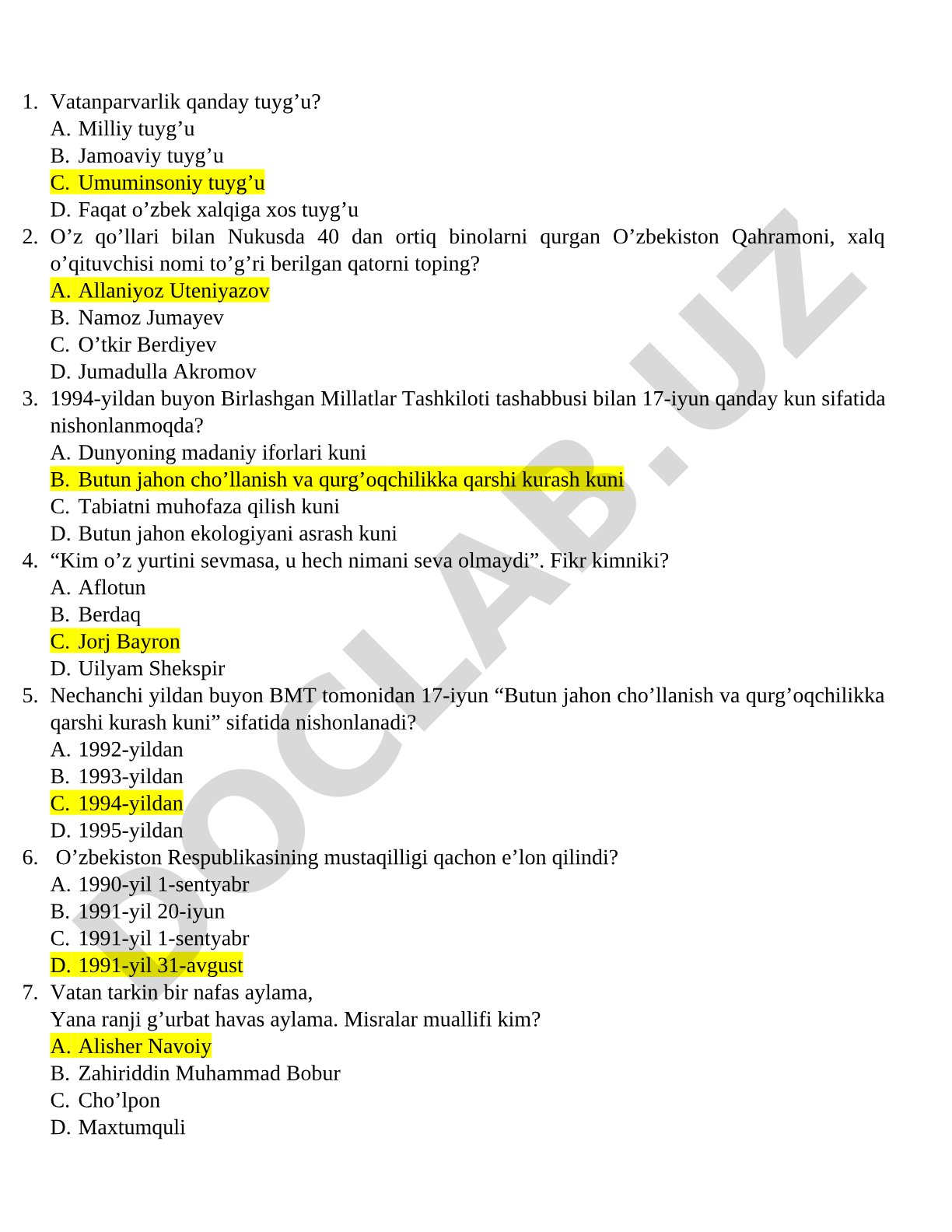 Vatanparvarlik va tarixiy sanalar bo'yicha test savollari