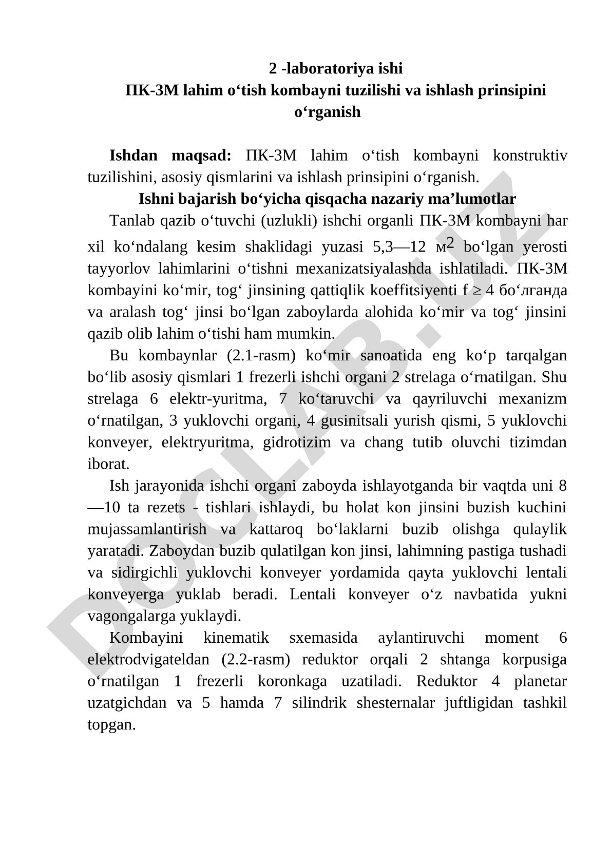 2 -laboratoriya ishi PK-3M lahim o'tish kombayni tuzilishi va ishlash prinsipini o'rganish