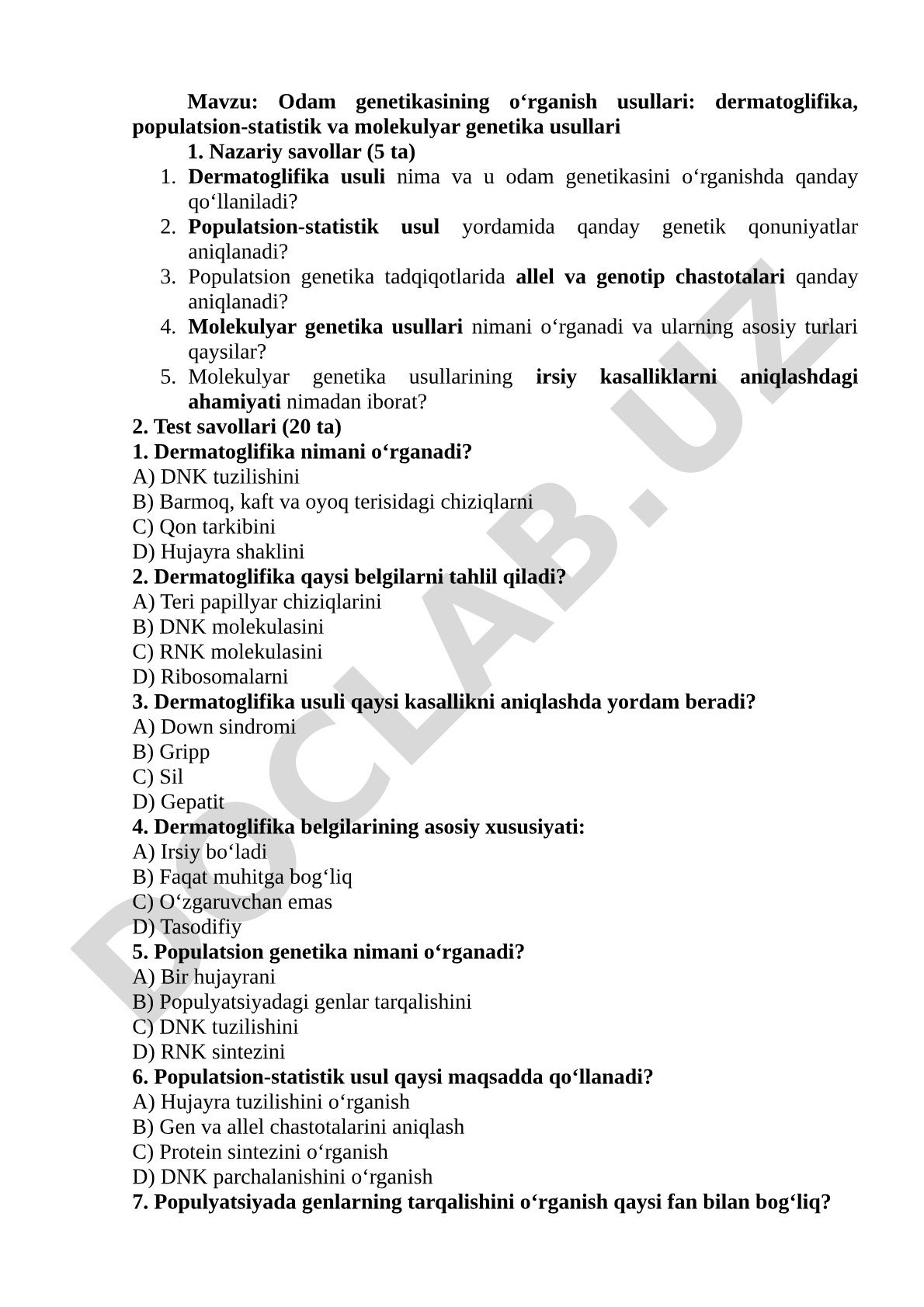Odam genetikasining o‘rganish usullari: dermatoglifika, populatsion-statistik va molekulyar genetika usullari
