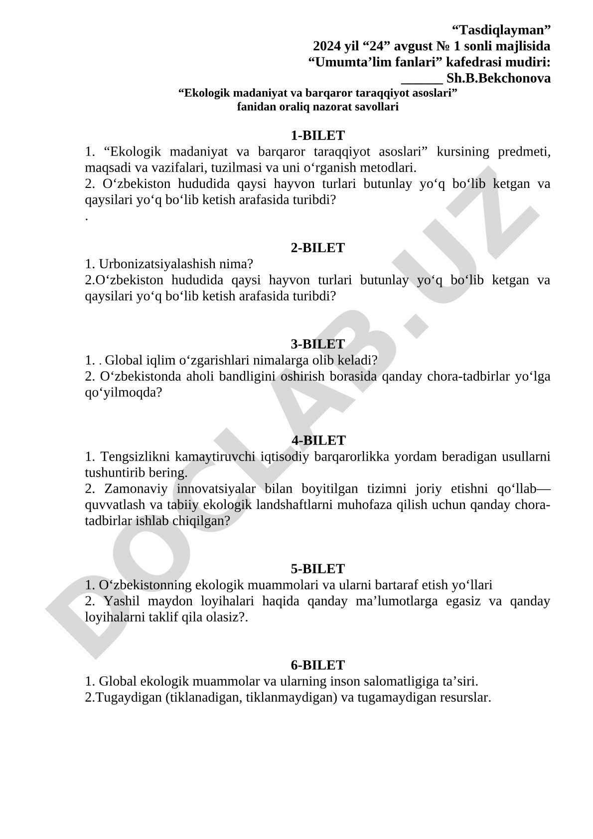 Ekologik madaniyat va barqaror taraqqiyot asoslari oraliq nazorat savollari