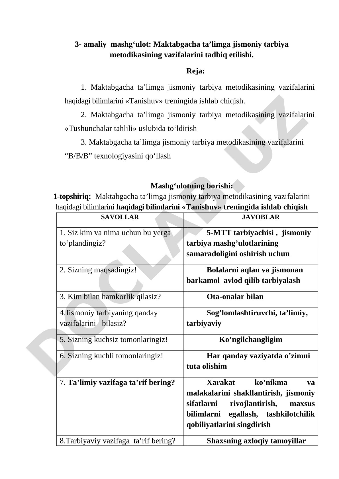 Maktabgacha ta'limga jismoniy tarbiya metodikasining vazifalarini tadbiq etilishi