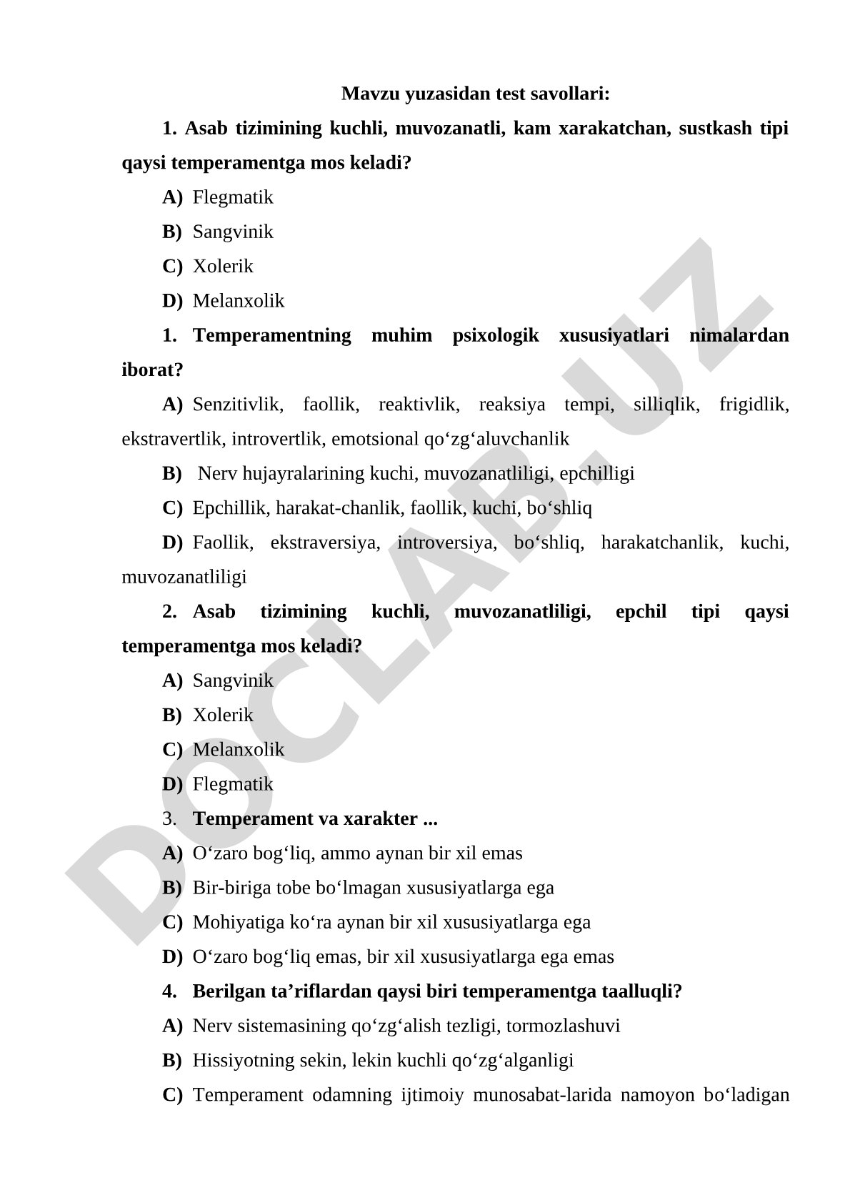 Temperament turlari va ularning psixologik xususiyatlari