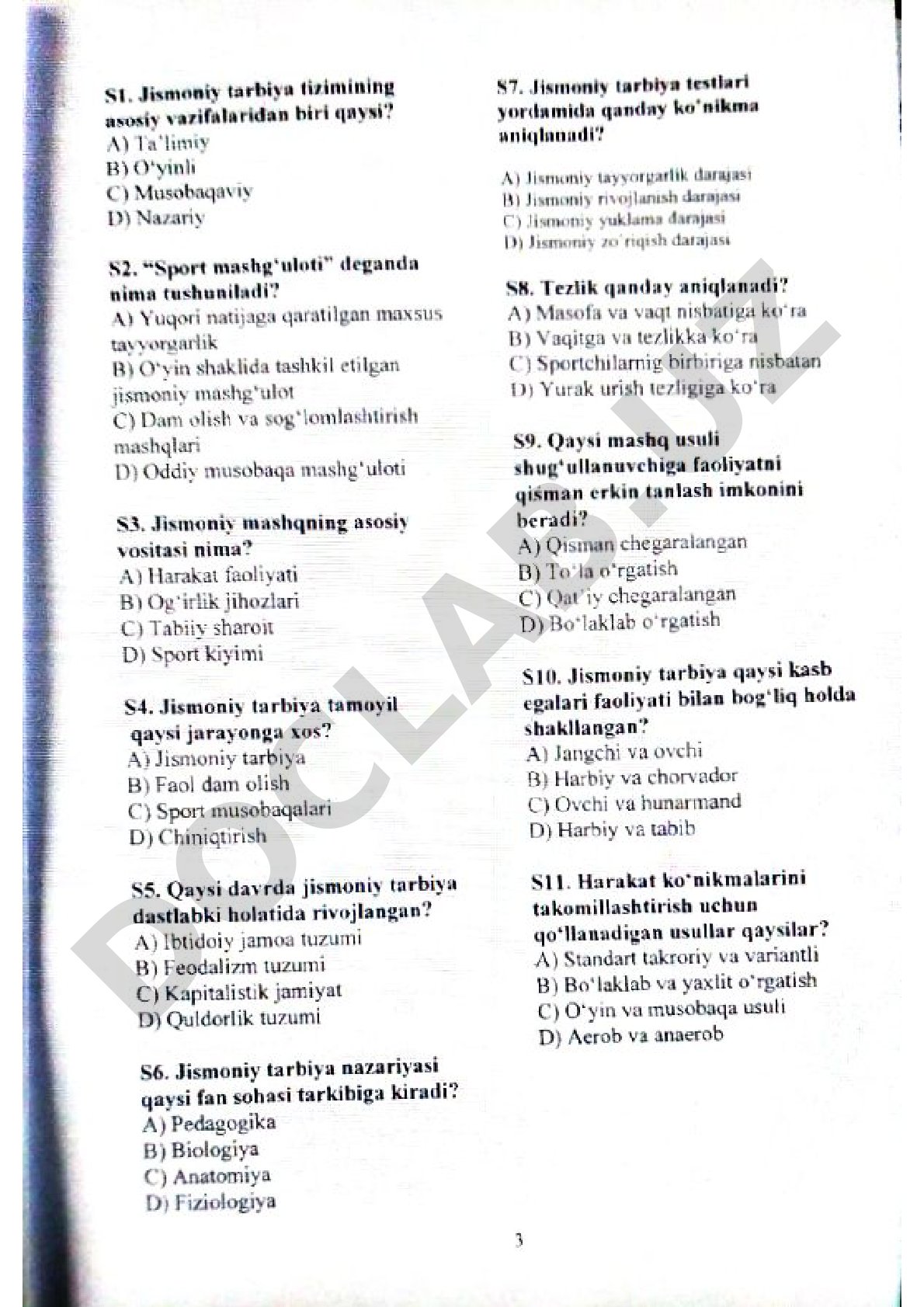 Jismoniy tarbiya tizimi, sport mashg'uloti va tamoyillar bo'yicha test savollari