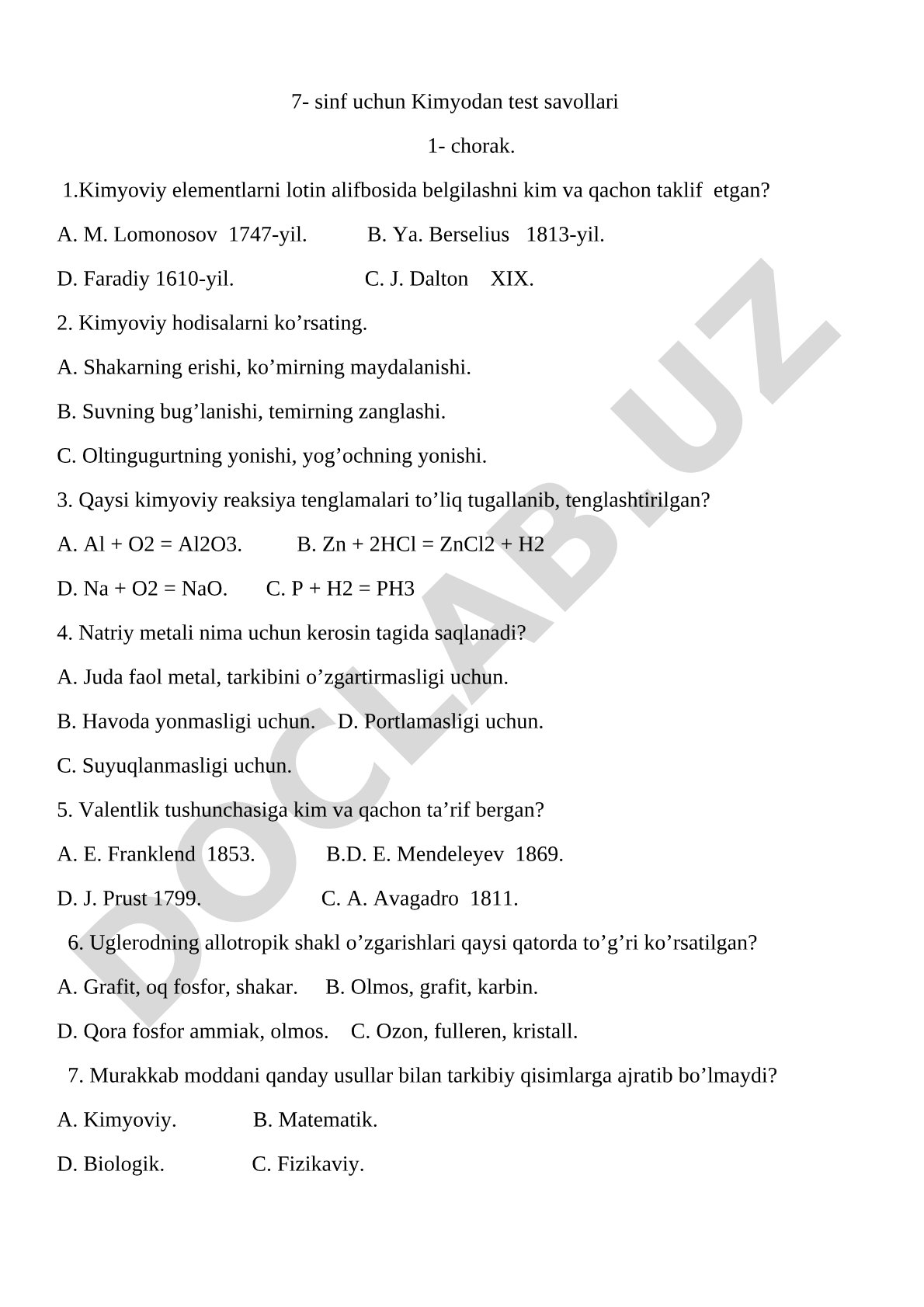 7- sinf uchun Kimyodan test savollari 1- chorak