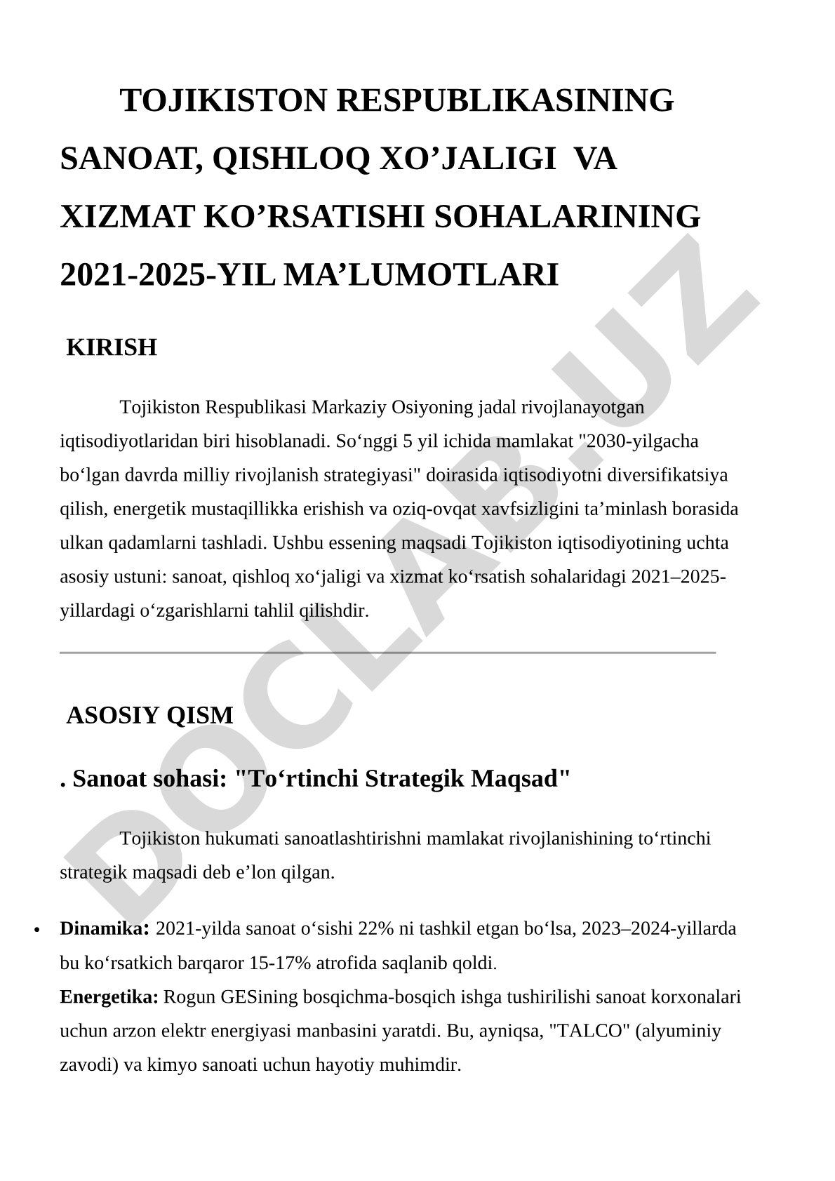 Tojikiston sanoat, qishloq xo‘jaligi va xizmat ko‘rsatish sohalari 2021-2025 ma’lumotlari tahlili