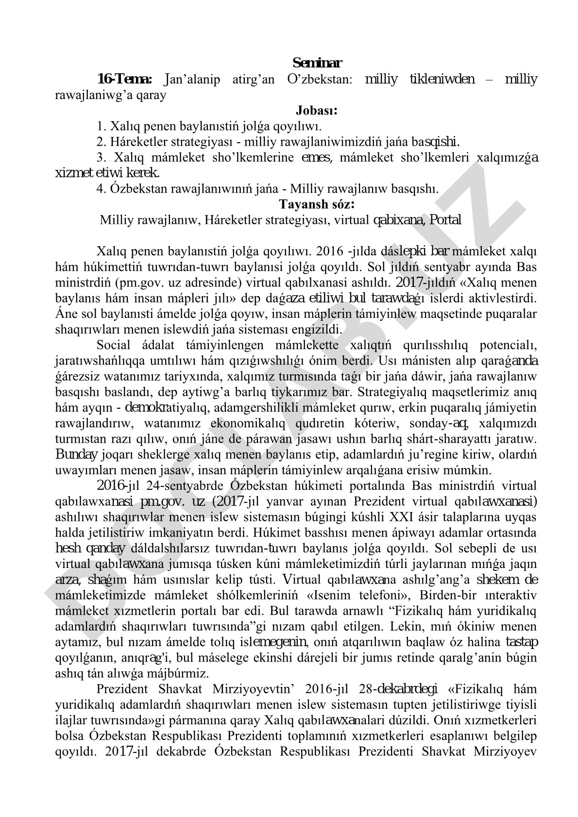 Jan’alanip atirg’an O’zbekstan: milliy tikleniwden – milliy rawajlaniwg’a qaray