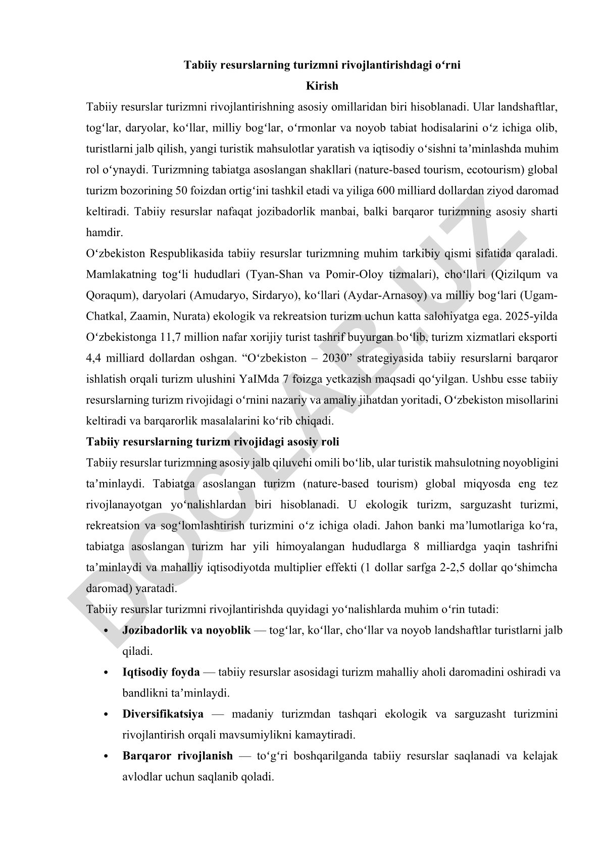 Tabiiy resurslarning turizmni rivojlantirishdagi oʻrni