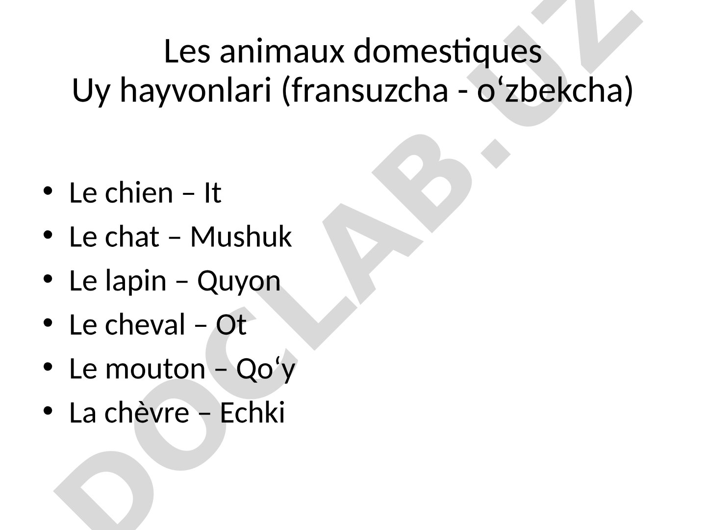Les animaux domestiques Uy hayvonlari