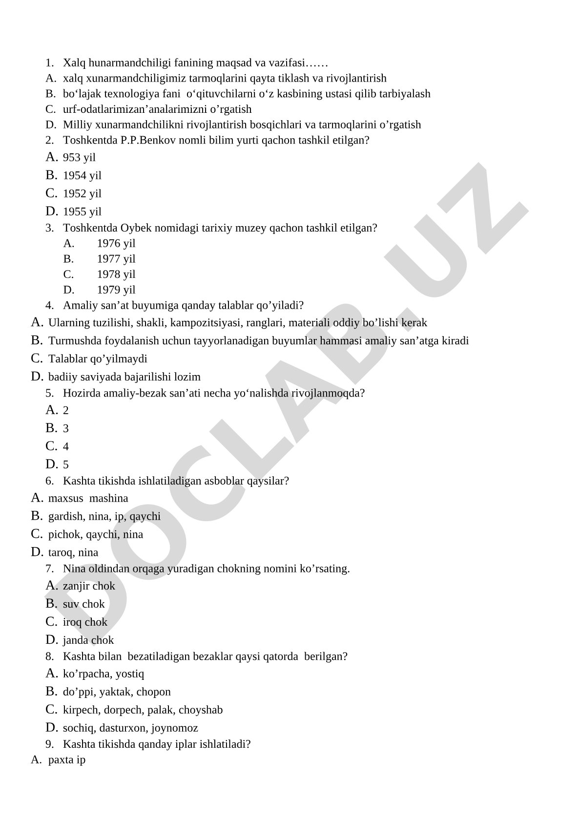 Xalq hunarmandchiligi fanidan test savollari
