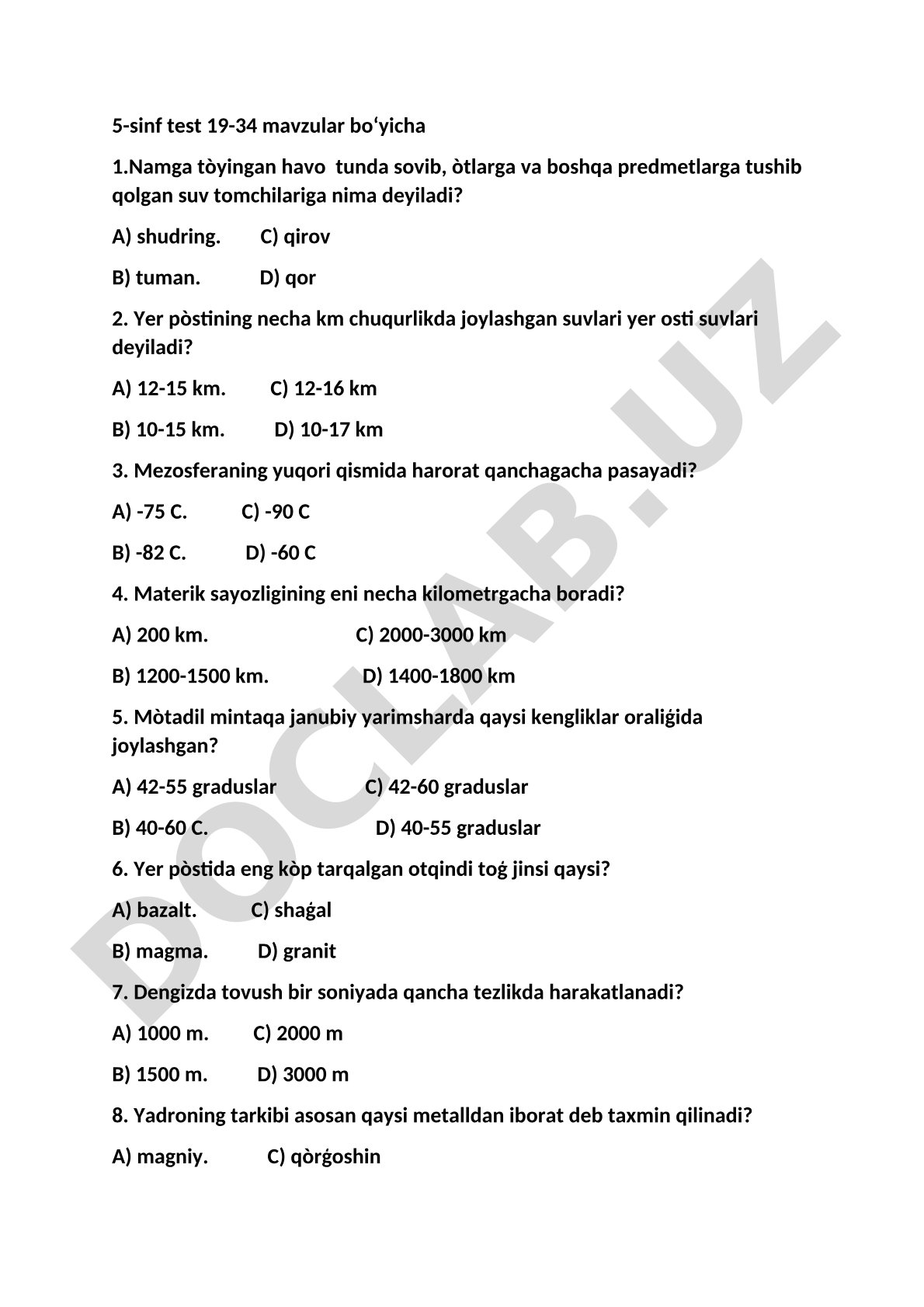 5-sinf Geografiya fanidan 19-34 mavzular bo'yicha test