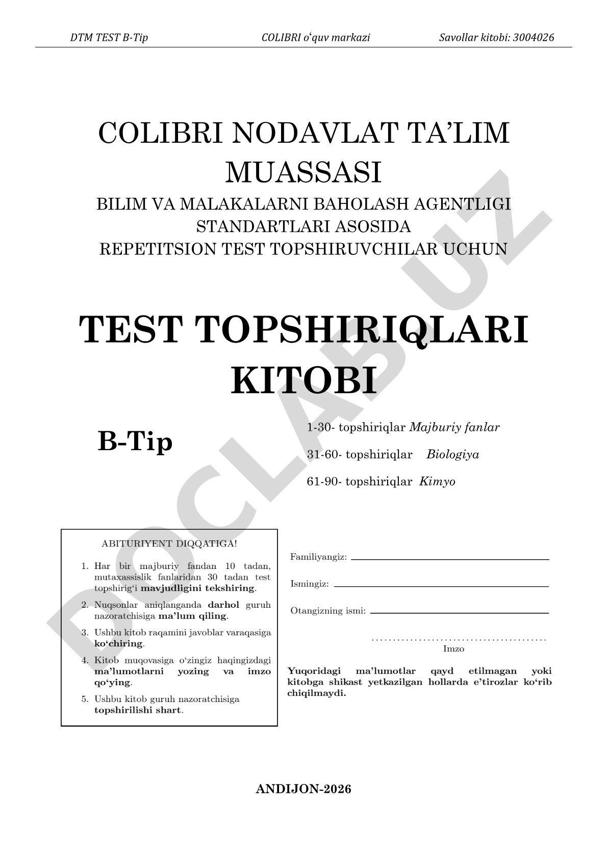 Bilim va malakalarni baholash agentligi standartlari asosida repetitsion test topshiriqlari