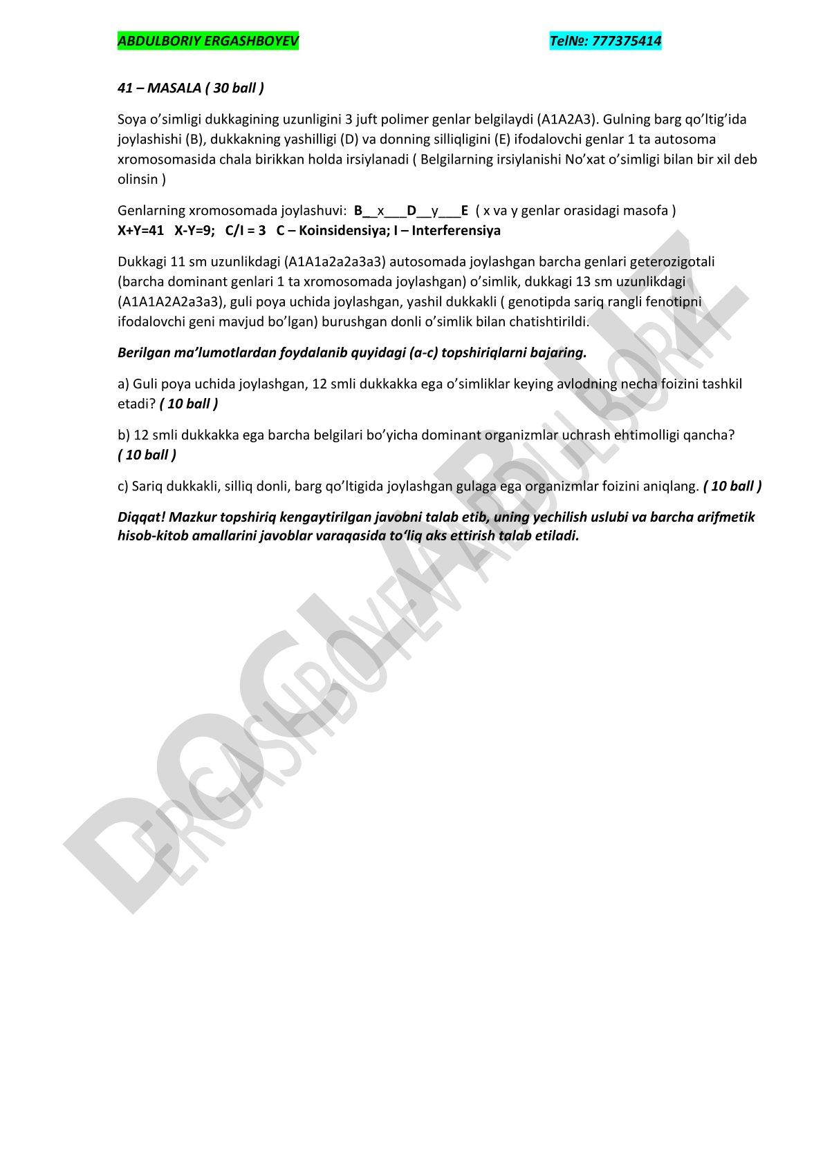 Soya o’simligida belgilarning irsiylanishi