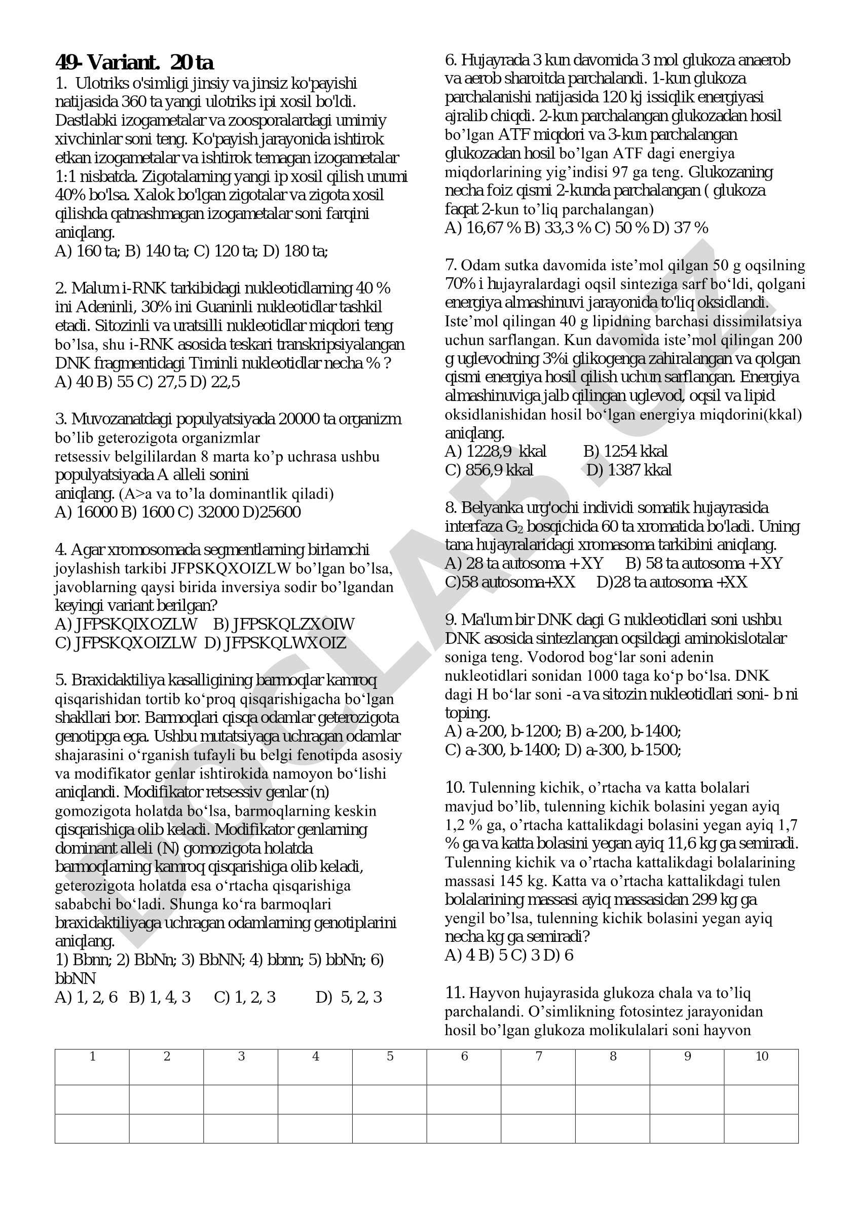 Biologiyadan 49-variant masalalari