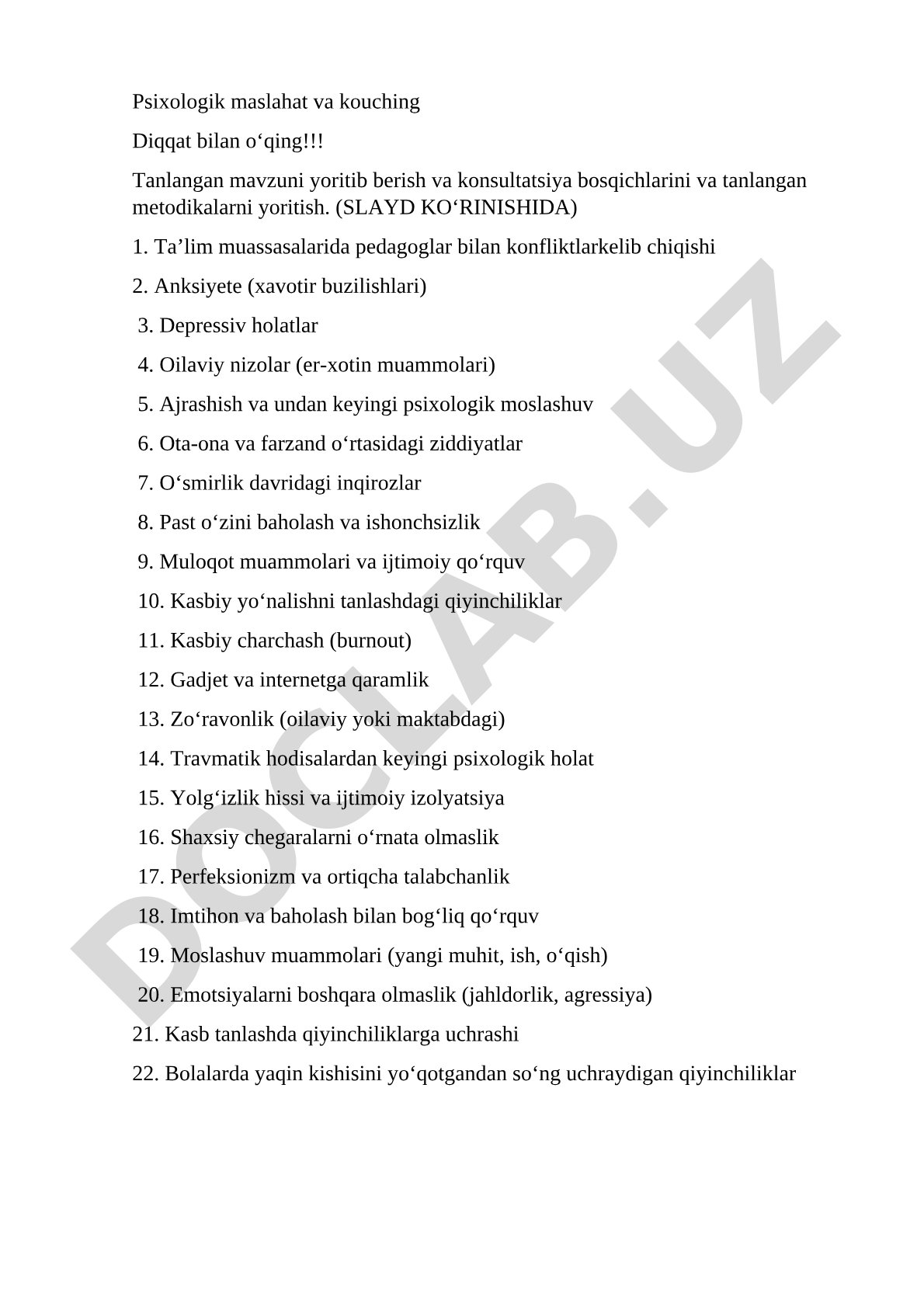 Psixologik maslahat va kouching mavzulari