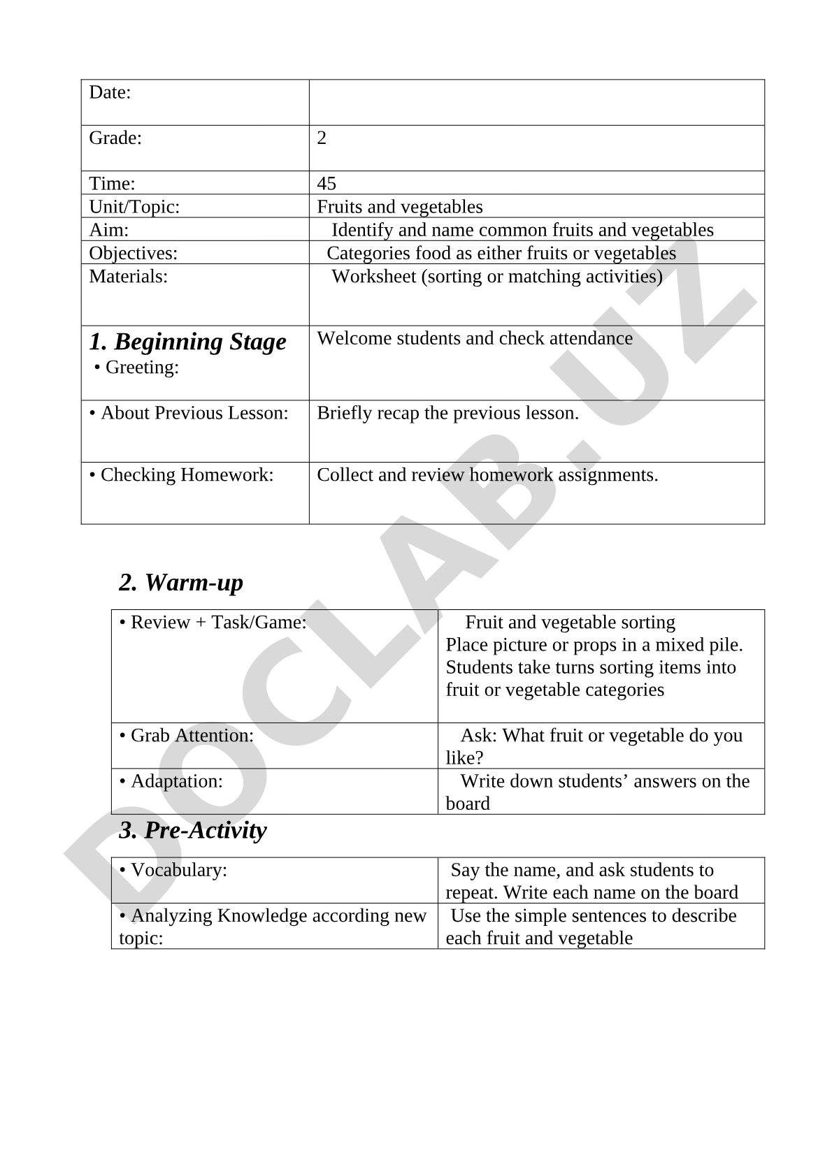 Lesson plan for grade 2 on identifying and categorizing fruits and vegetables