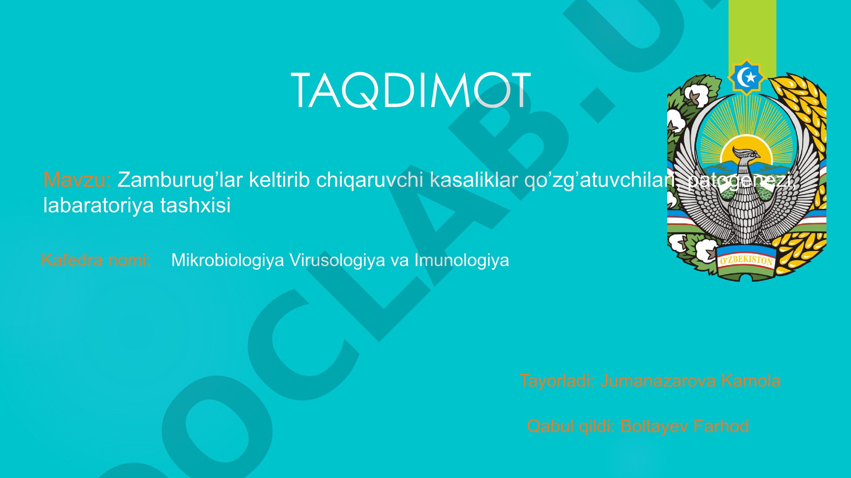 Zamburug'lar keltirib chiqaruvchi kasaliklar qo'zg'atuvchilari, patogenezi, labaratoriya tashxisi