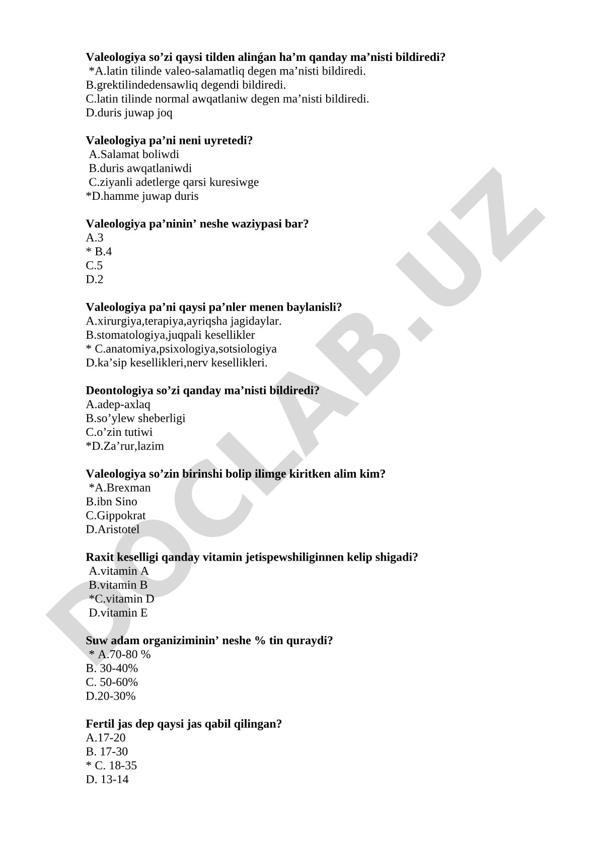 Valeologiya fanınan test sorawları