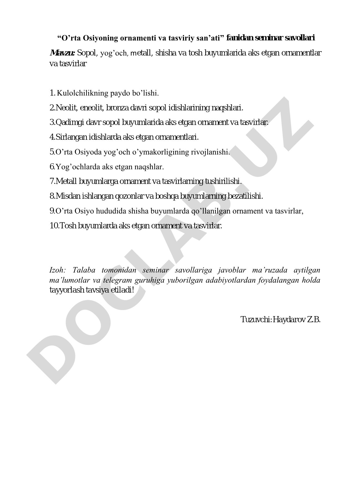 Sopol, yog'och, metall, shisha va tosh buyumlarida aks etgan ornamentlar va tasvirlar