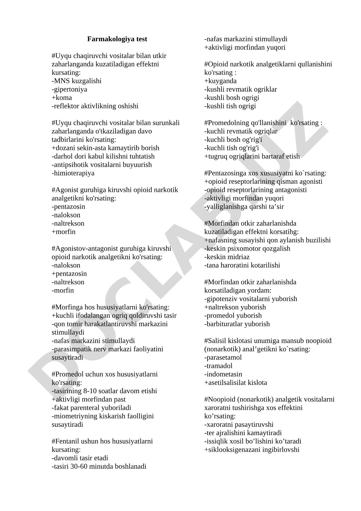 Farmakologiya test savollari