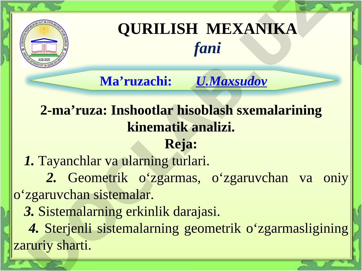 Inshootlar hisoblash sxemalarining kinematik analizi