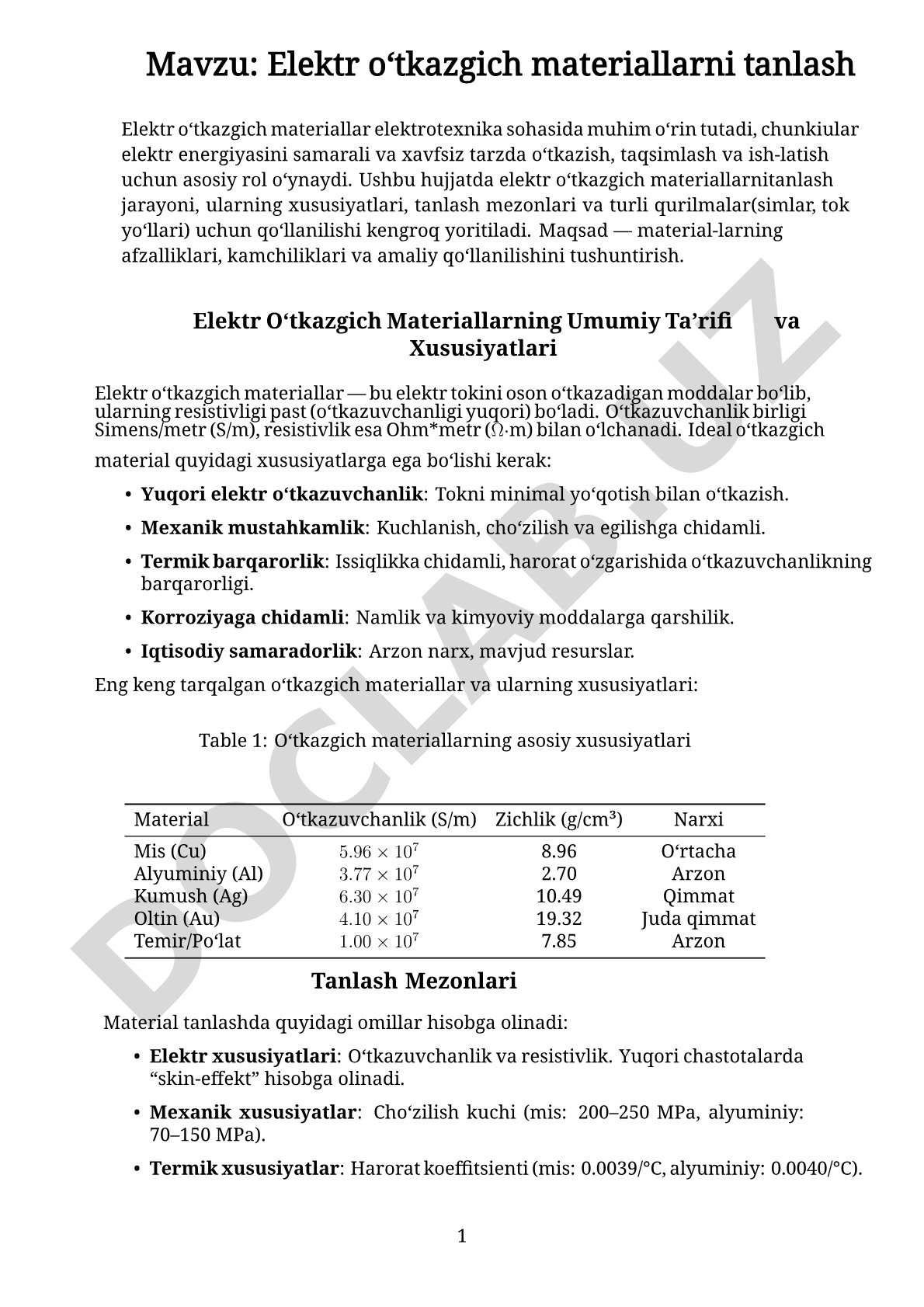 Elektr o'tkazgich materiallarining xususiyatlari