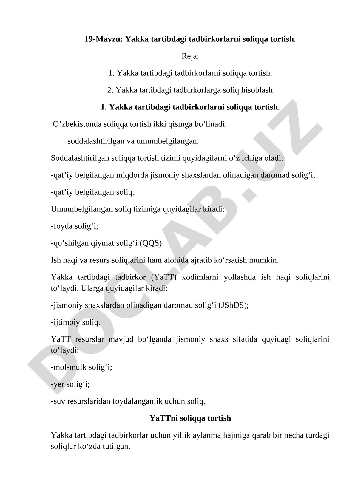 Yakka tartibdagi tadbirkorlarni soliqqa tortish