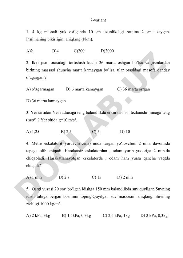 Fizika masalalari to'plami (7-variant)