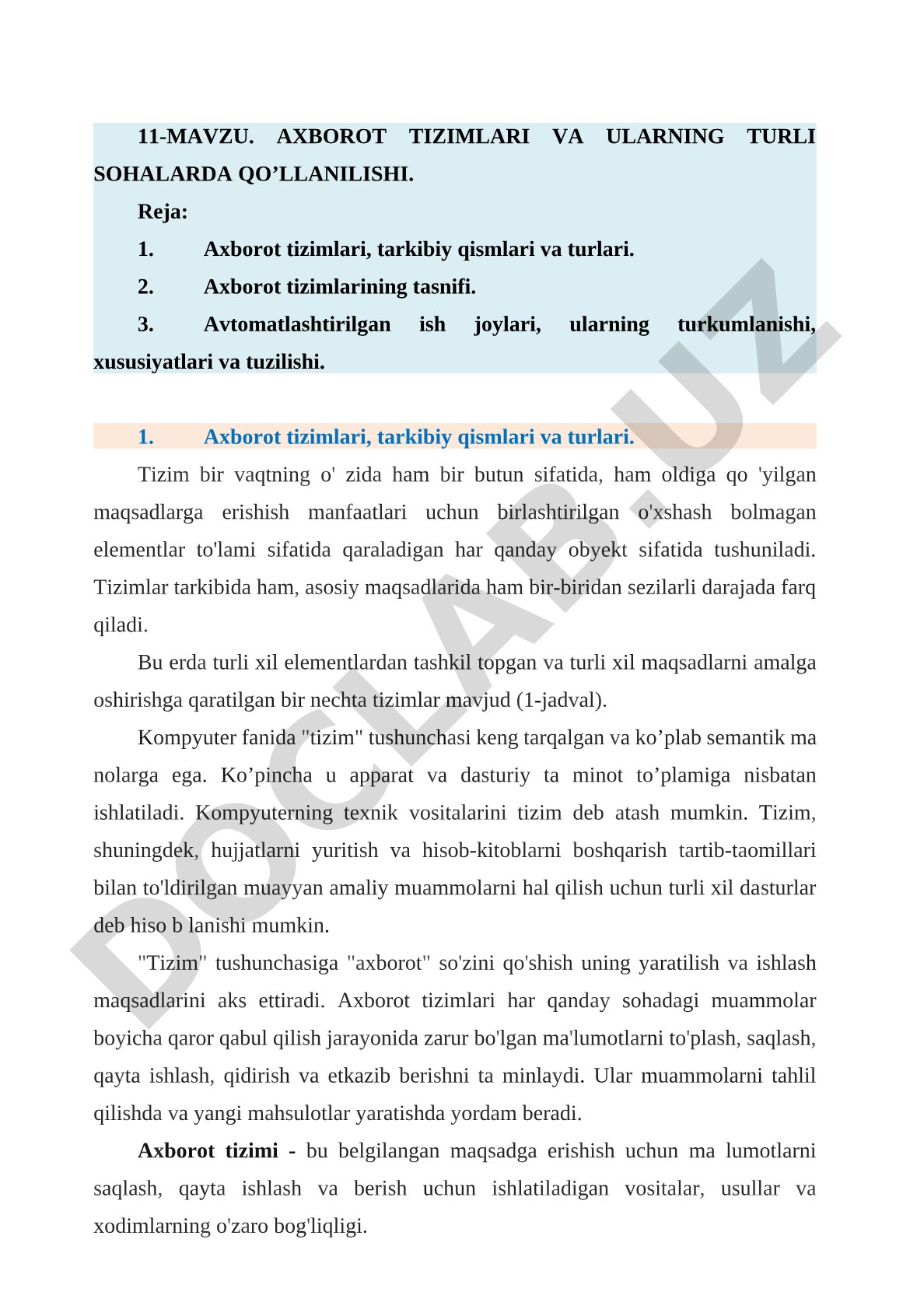 AXBOROT TIZIMLARI VA ULARNING TURLI SOHALARDA QO’LLANILISHI