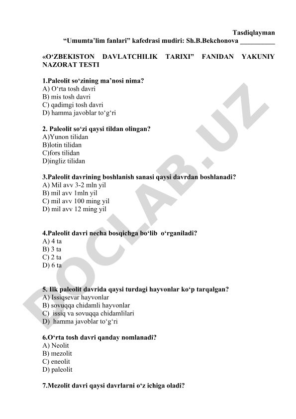 O'zbekiston davlatchilik tarixi fanidan yakuniy nazorat testi