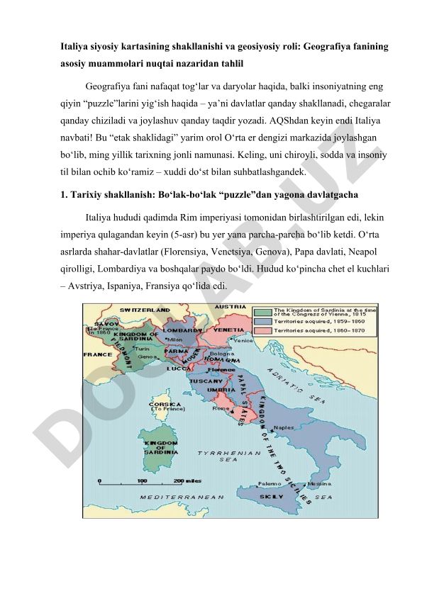 Italiya siyosiy kartasining shakllanishi va geosiyosiy roli