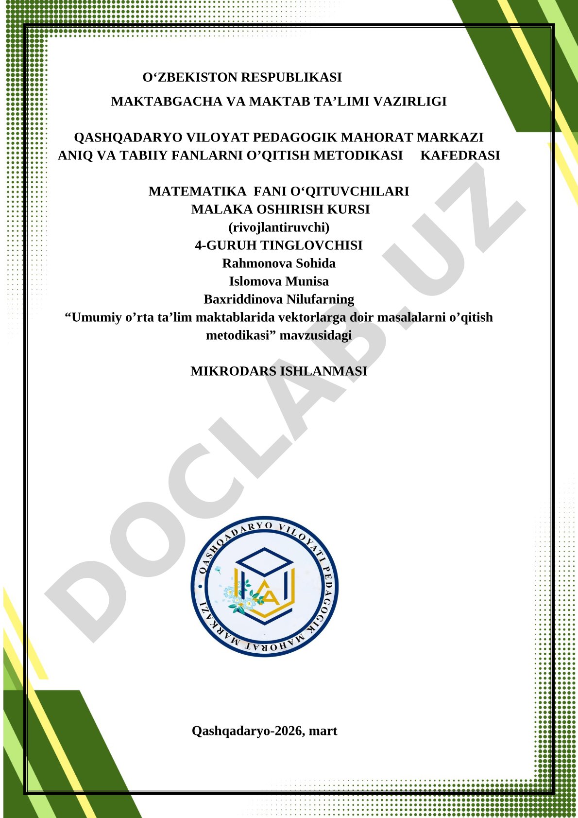 Umumiy o'rta ta'lim maktablarida vektorlarga doir masalalarni o'qitish metodikasi