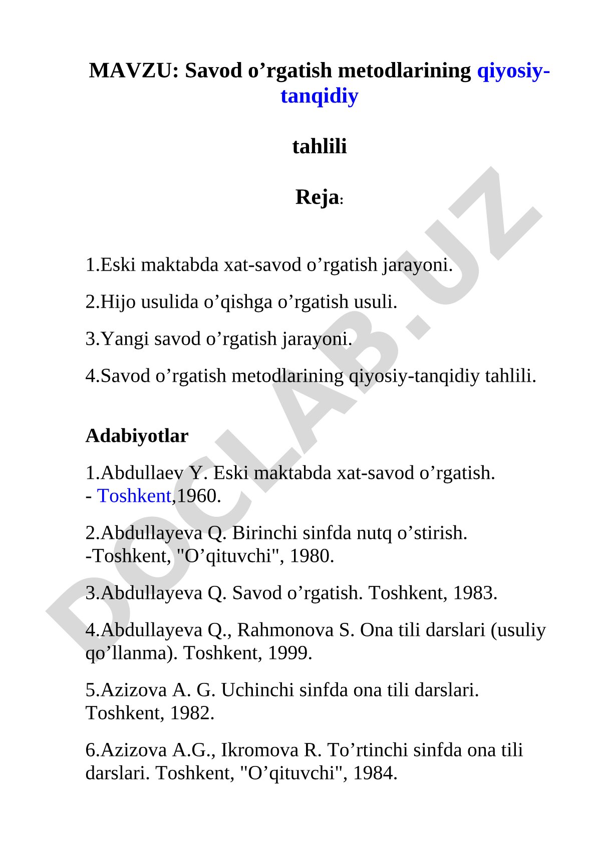 Savod o’rgatish metodlarining qiyosiy-tanqidiytahlili