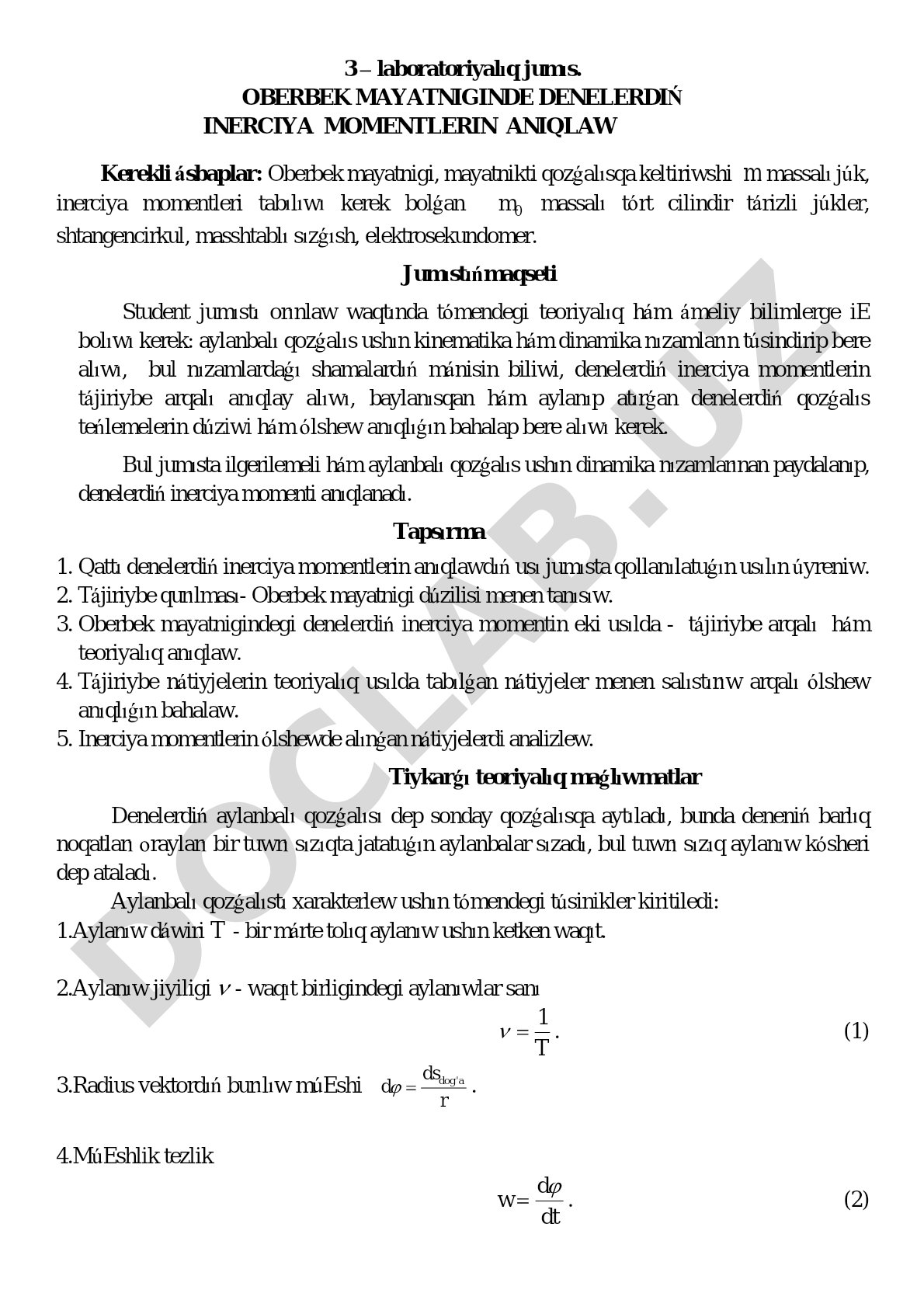 3 – laboratoriyalıq jumıs. Oberbek mayatniginde denelerdiń inerciya momentlerin aniqlaw