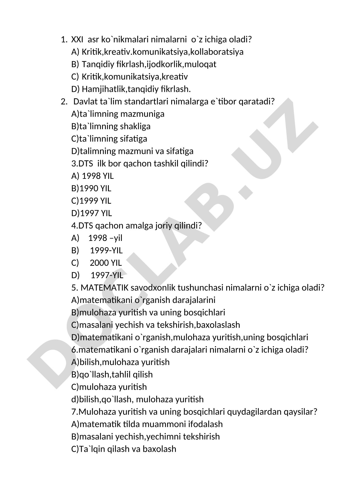XXI asr ko'nikmalari va davlat ta'lim standartlari testi