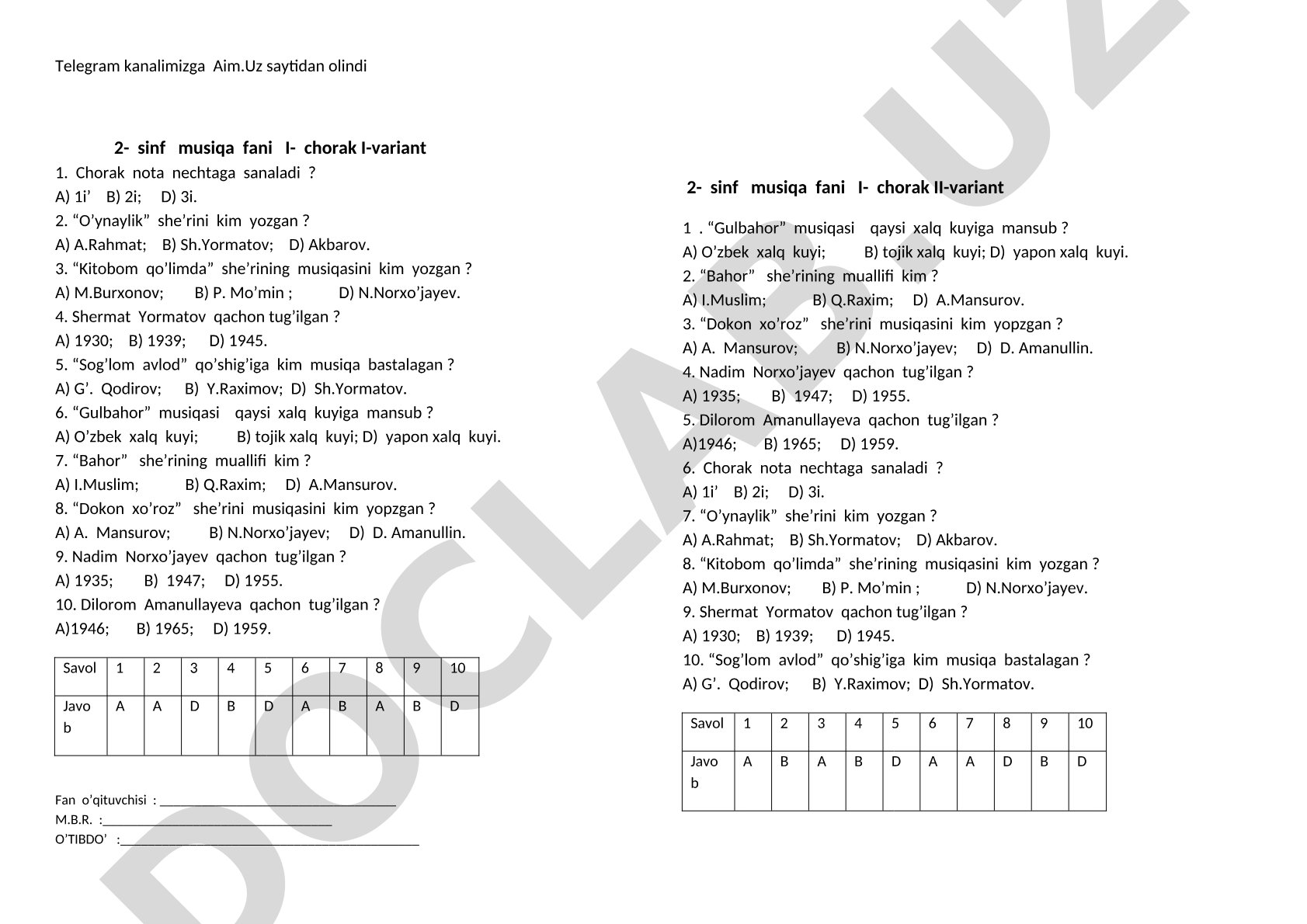 2-sinf musiqa fanidan I-chorak test