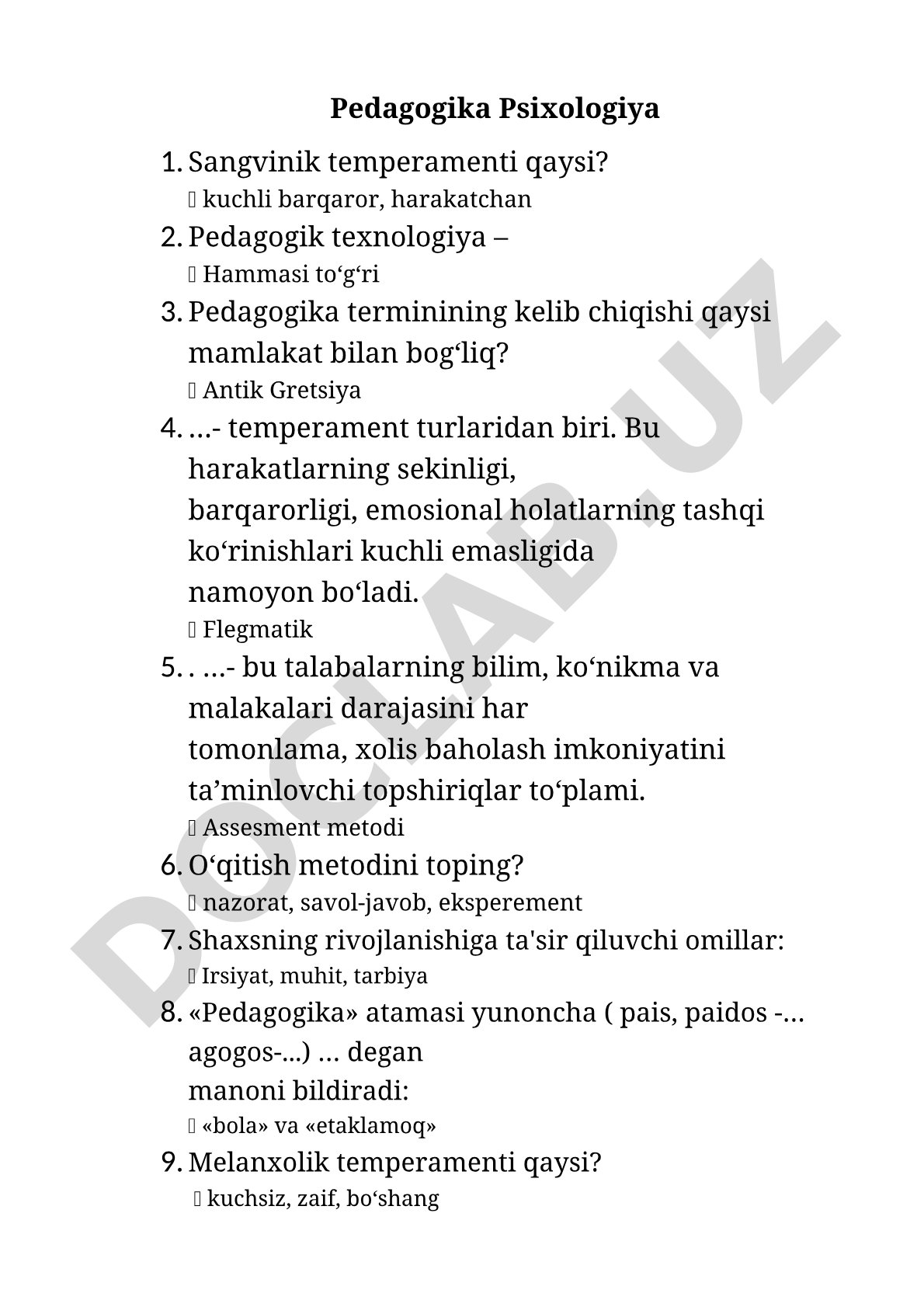 Pedagogika va psixologiya fanidan test savollari