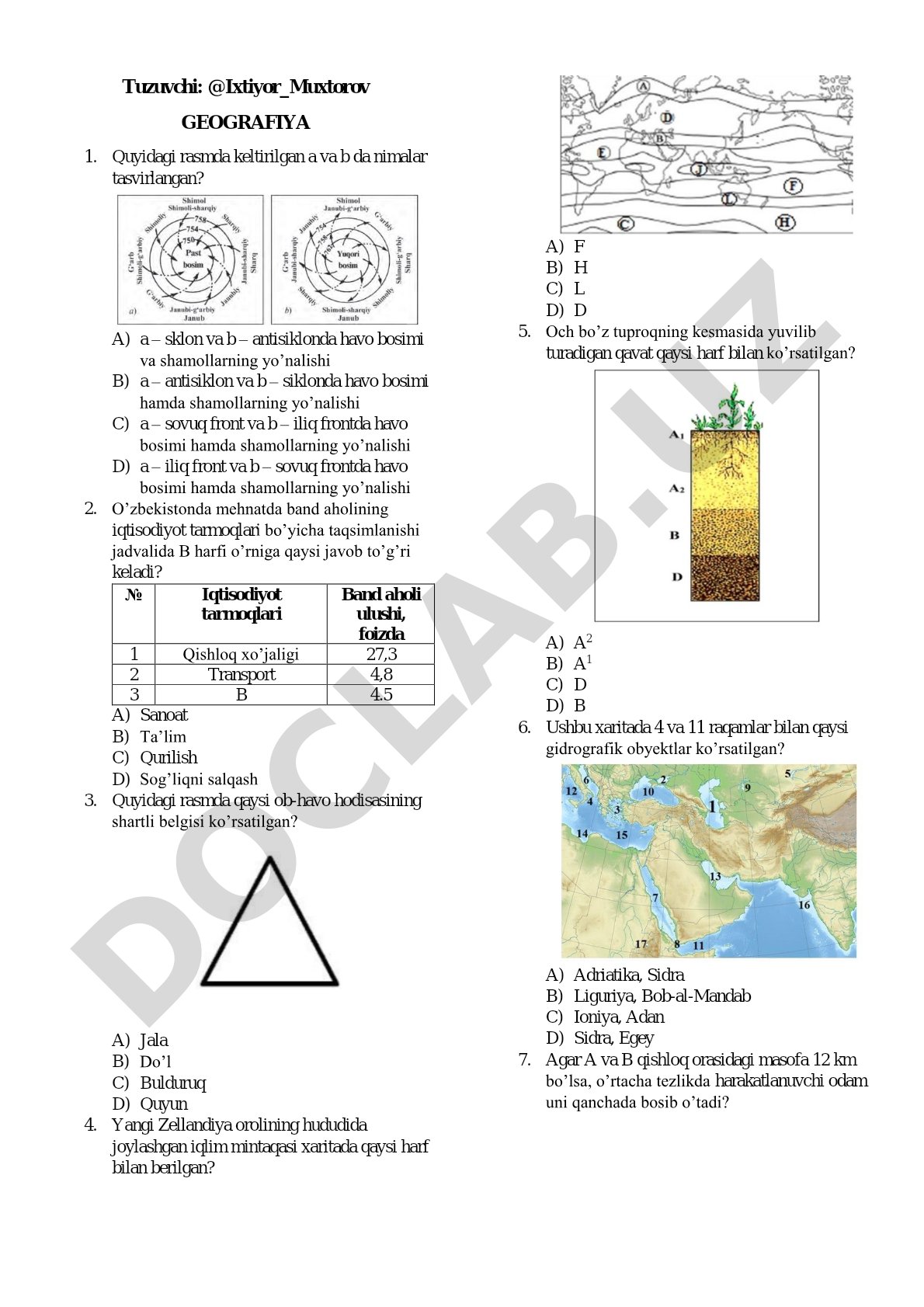 Geografiya fanidan test savollari