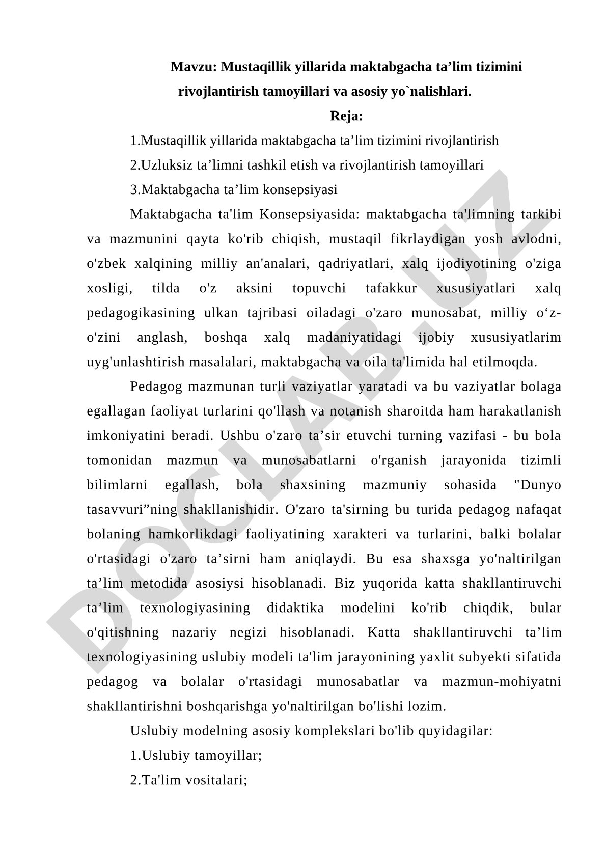 Mustaqillik yillarida maktabgacha ta'lim tizimini rivojlantirish tamoyillari va asosiy yo'nalishlari