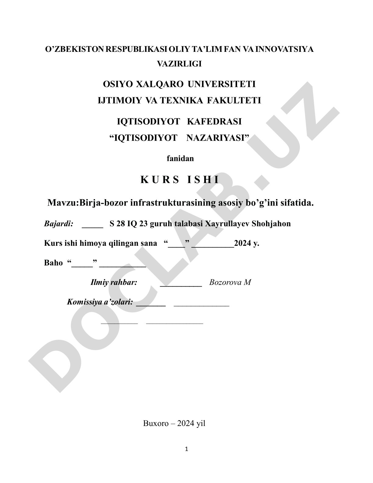 Birja-bozor infrastrukturasining asosiy bo’g’ini sifatida