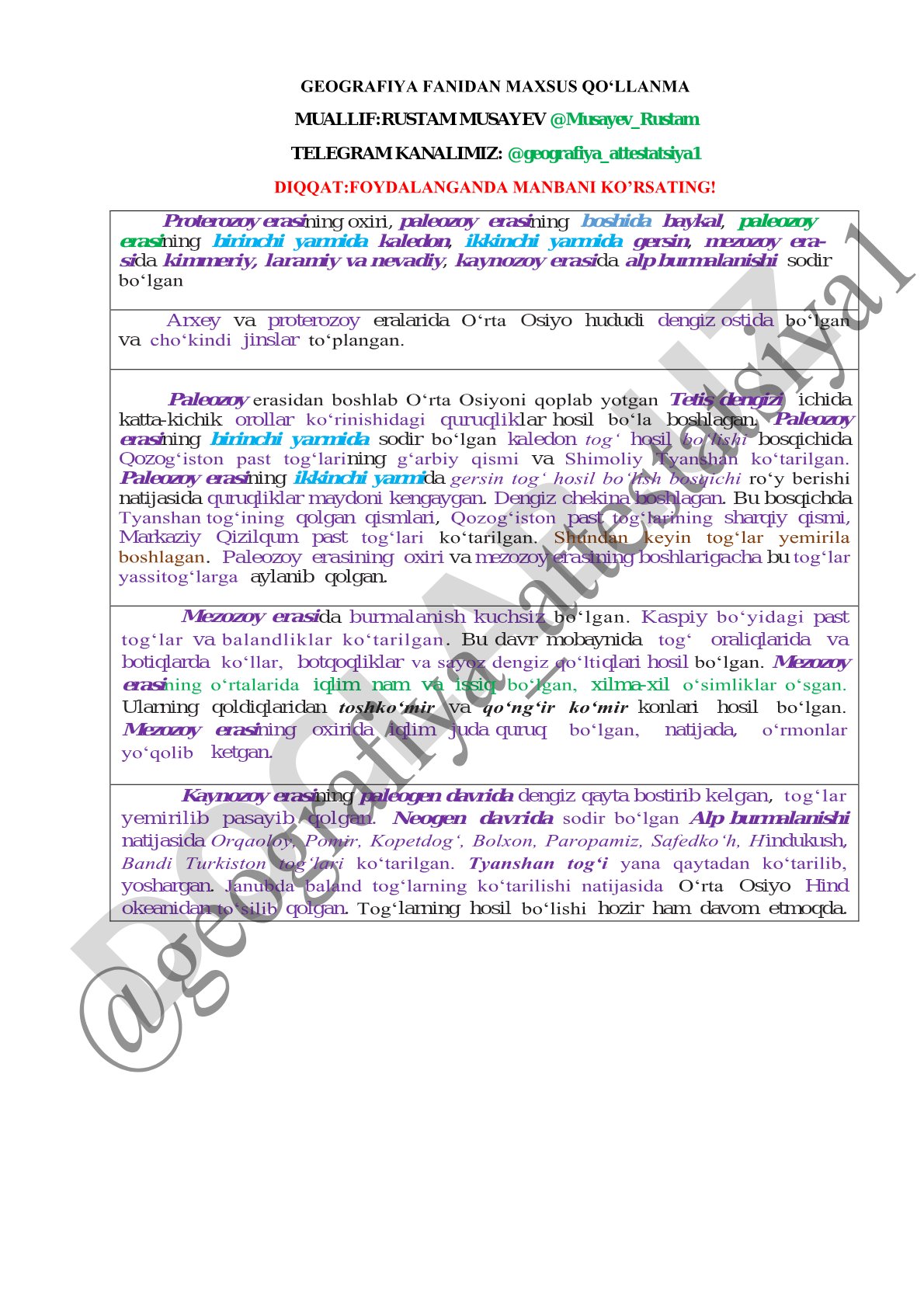 O‘rta Osiyo hududining geologik burmalanish bosqichlari