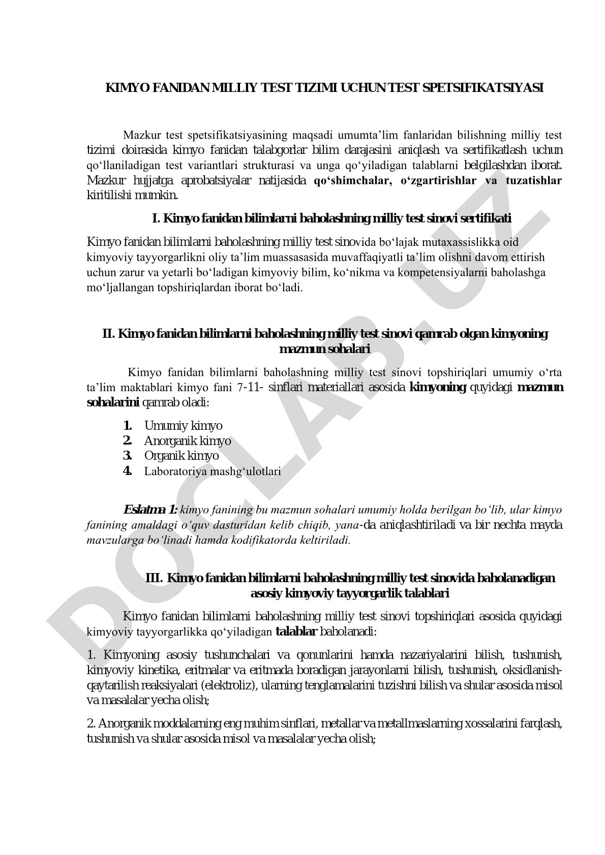 Kimyo fanidan milliy test tizimi uchun test spetsifikatsiyasi